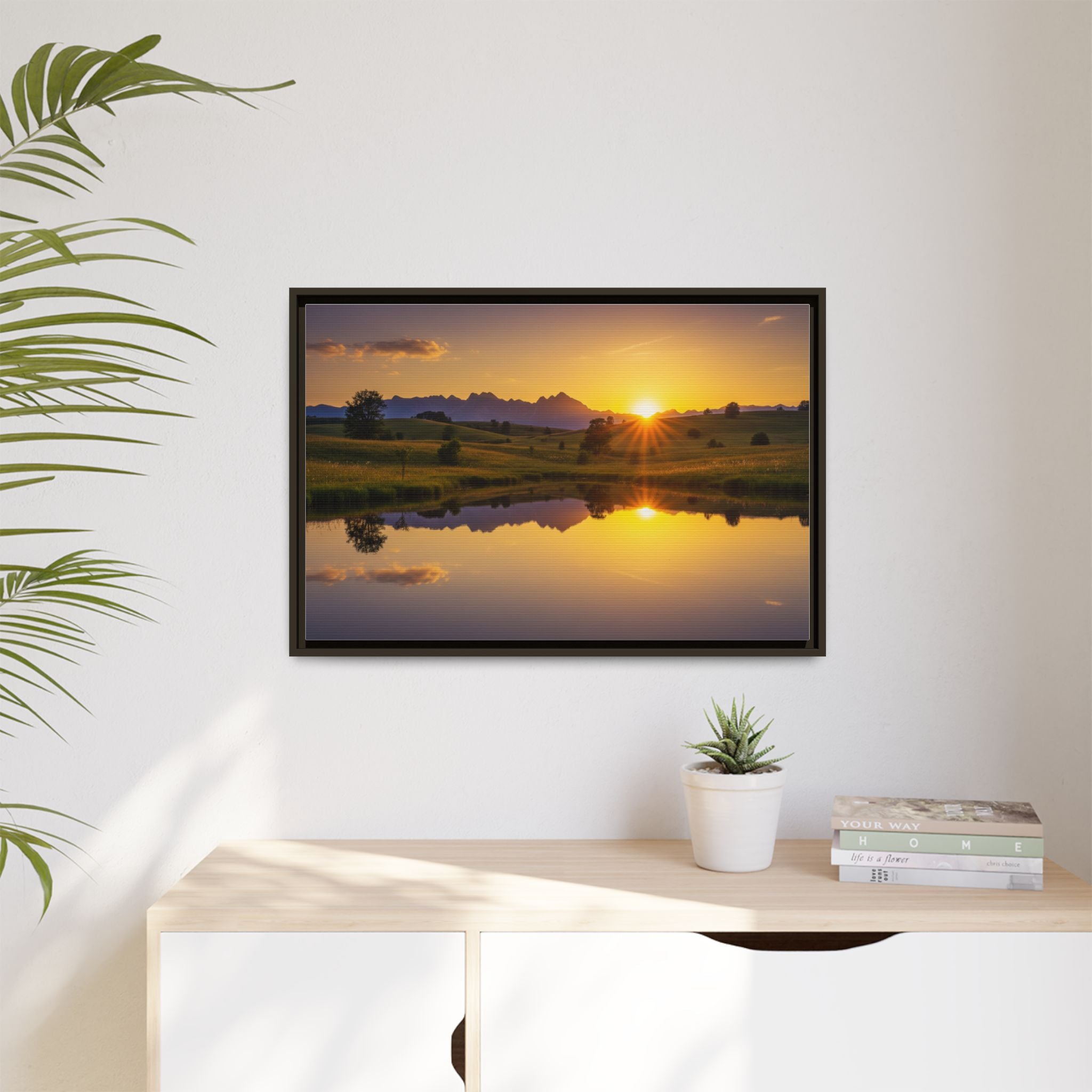 Framed Matte Canvas Sunset Landscape — Serene Lake Reflection Wall Art