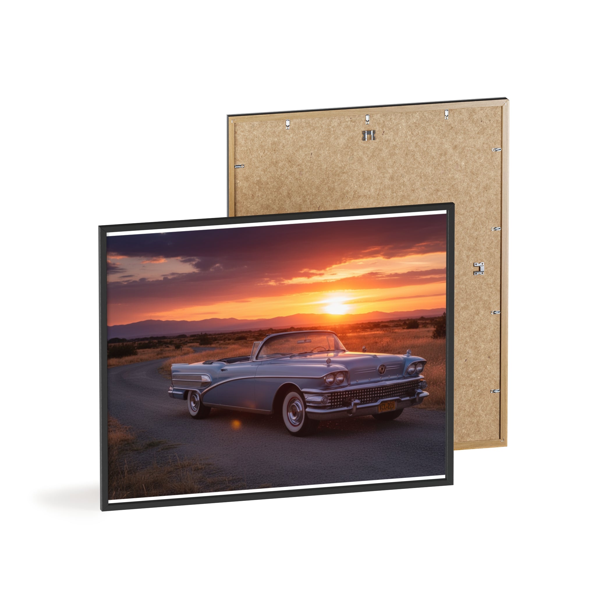 Vintage Convertible Sunset Poster with Wooden Frame