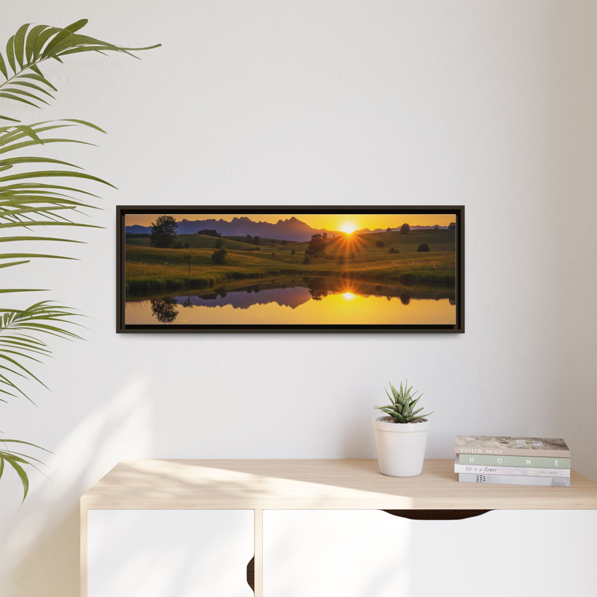 Framed Matte Canvas Sunset Landscape — Serene Lake Reflection Wall Art