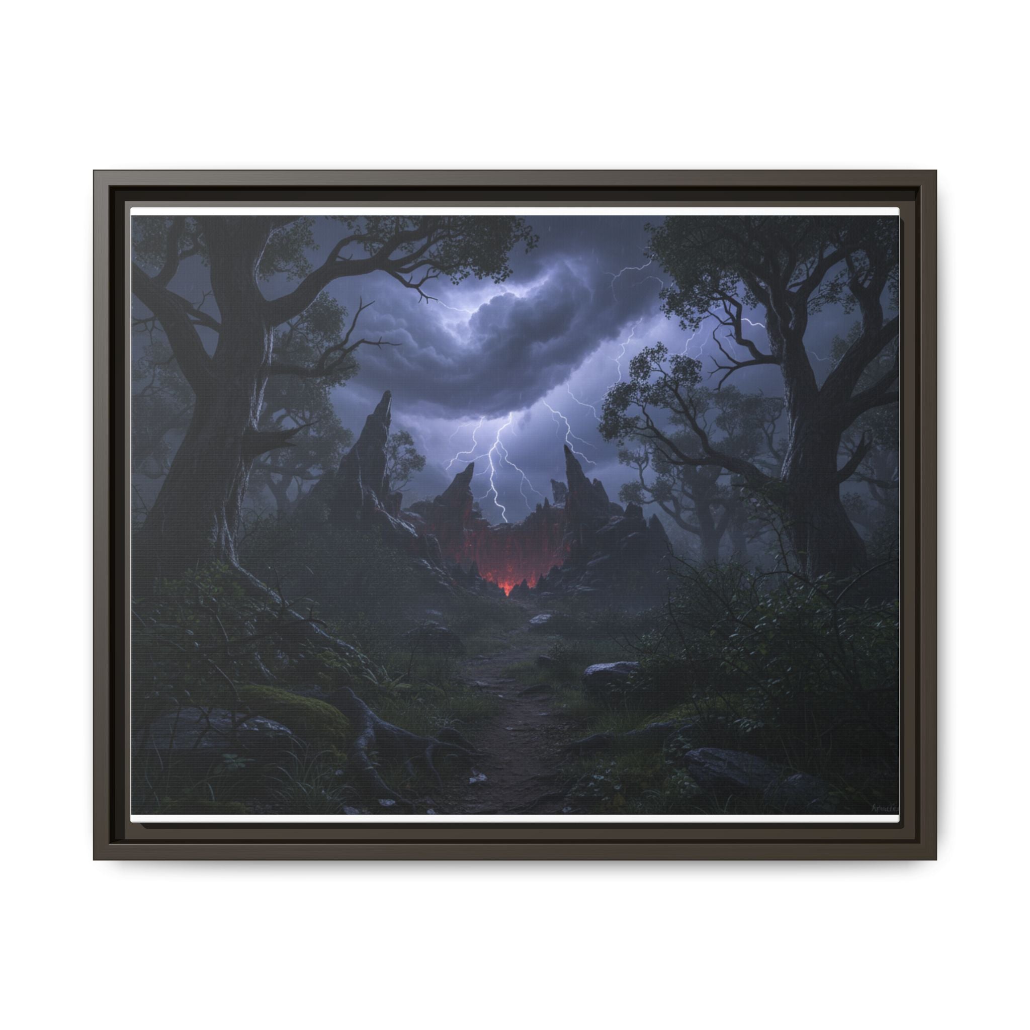 Dark Storm Forest Framed Canvas Print — Lightning, Haunted Castle Art