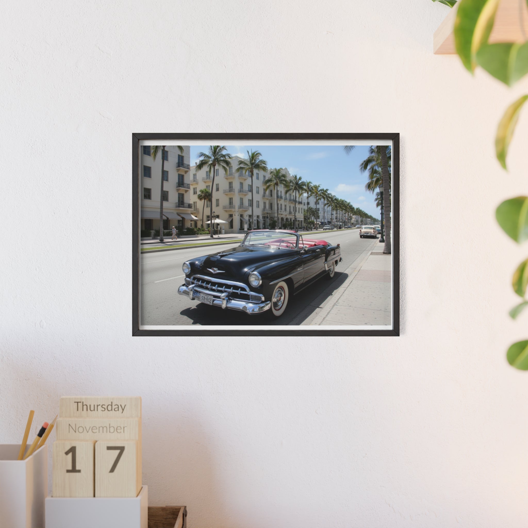 Vintage Convertible on Ocean Drive Framed Poster – Retro Classic Car Wall Art
