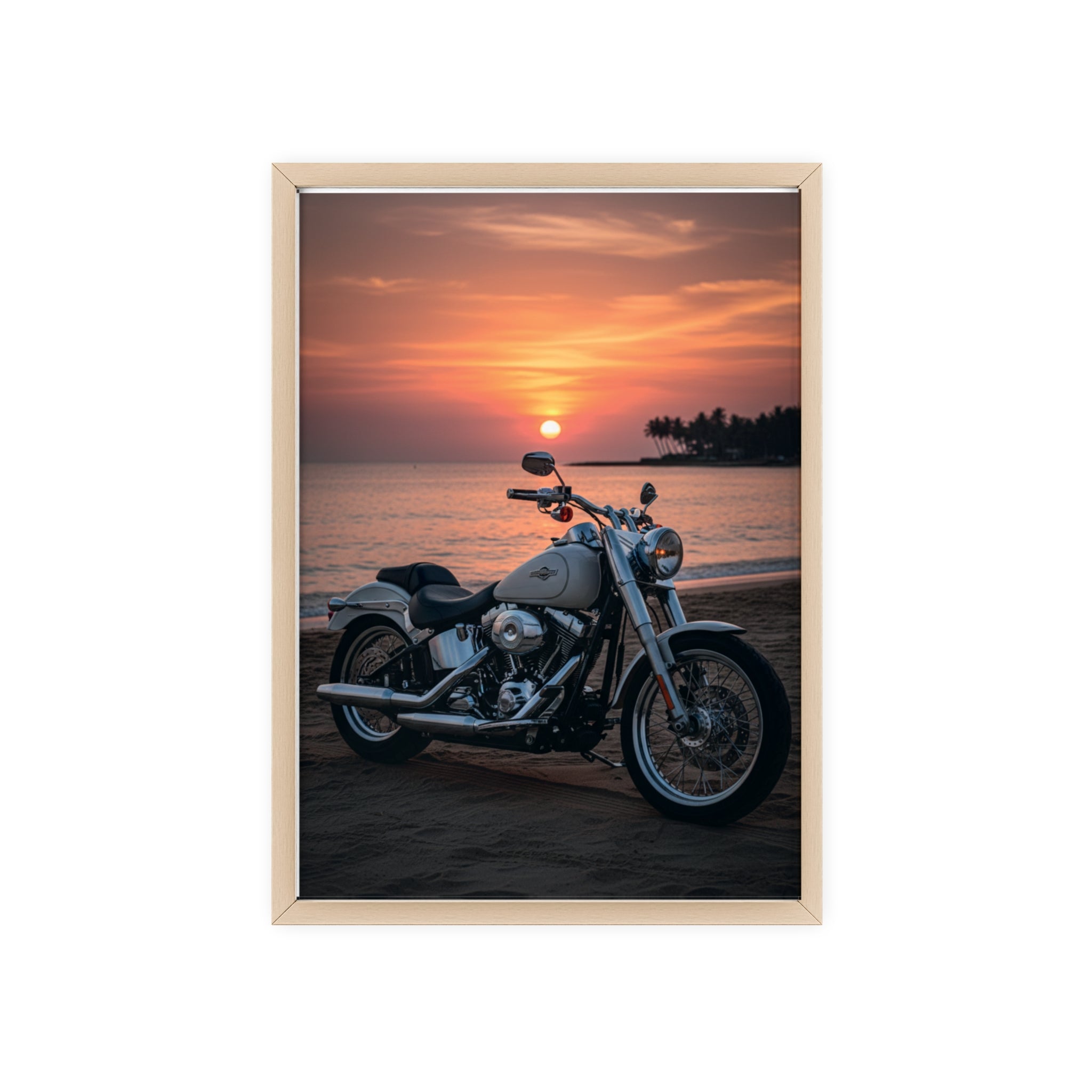 Sunset Beach Motorcycle Poster with Wooden Frame — Vintage Cruiser Wall Art