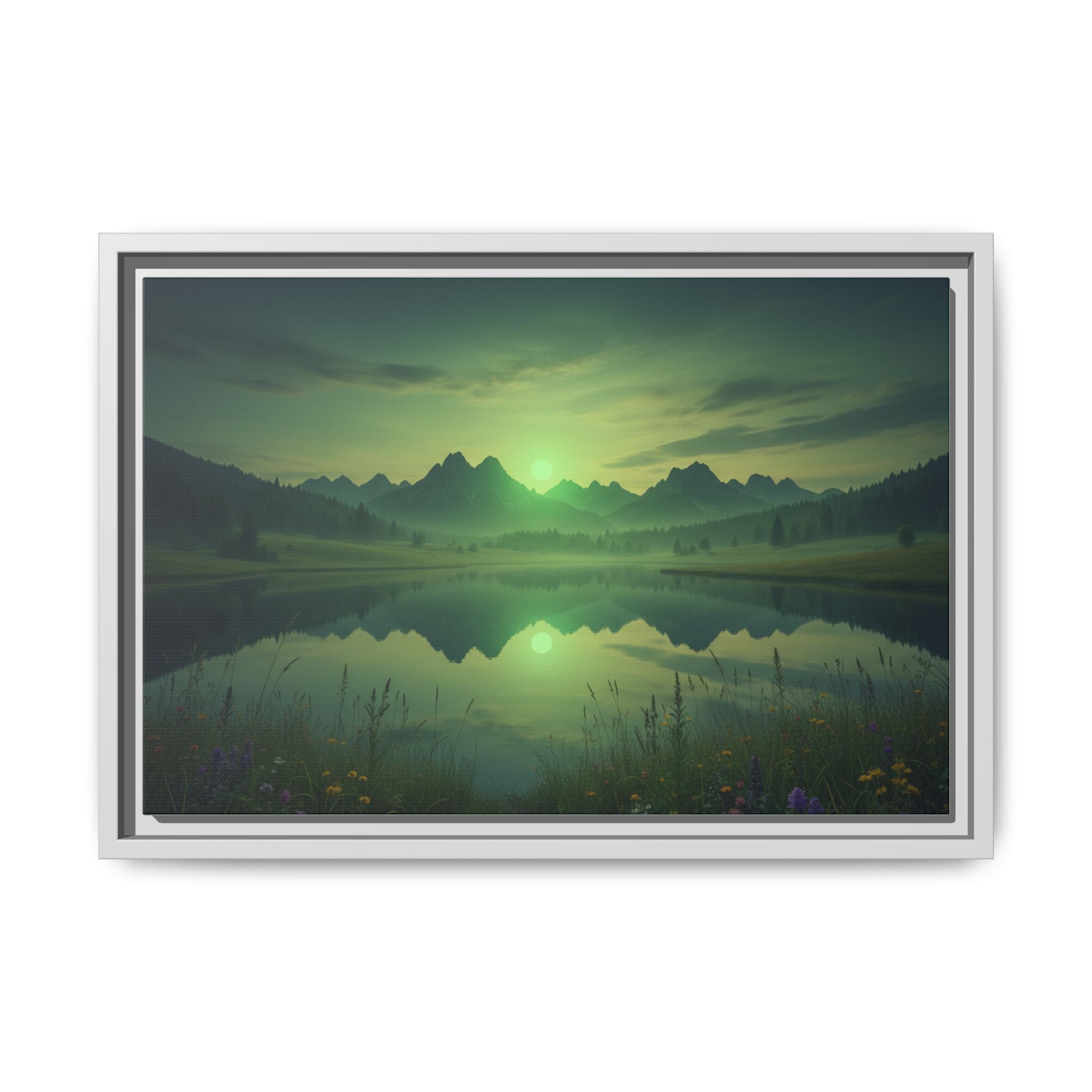 Framed Matte Canvas Print — Serene Green Mountain Lake Landscape
