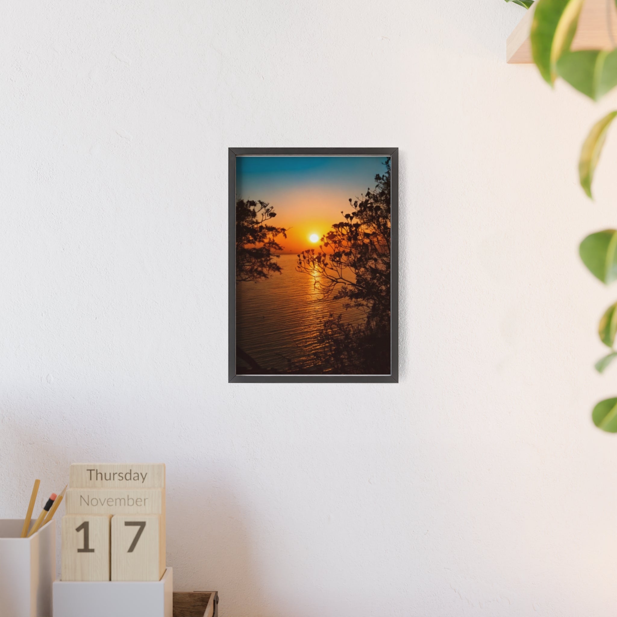 Sunset Coastal Poster with Wooden Frame — Framed Beach Wall Art