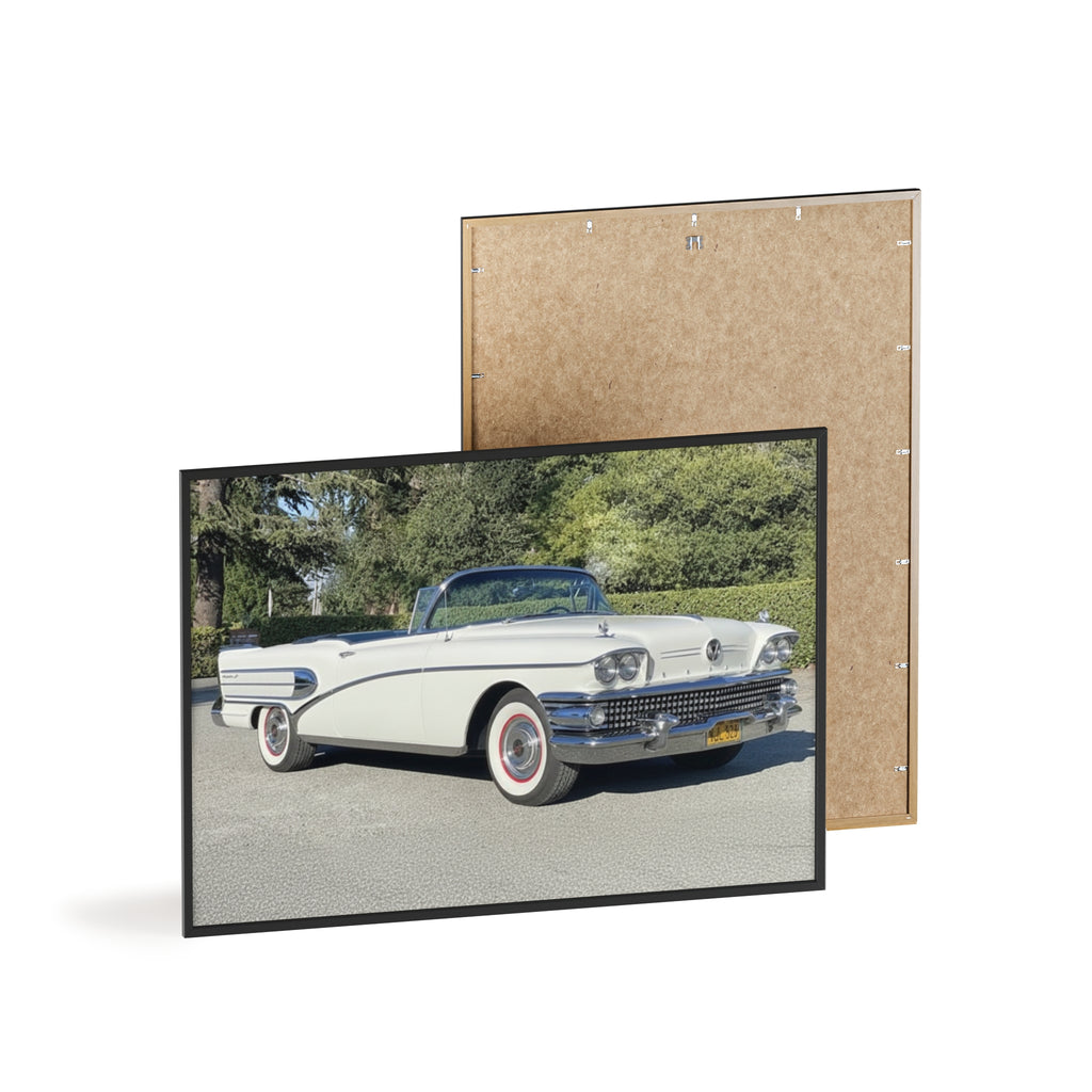 Classic White Convertible Car Poster with Wooden Frame — Vintage Auto Wall Art