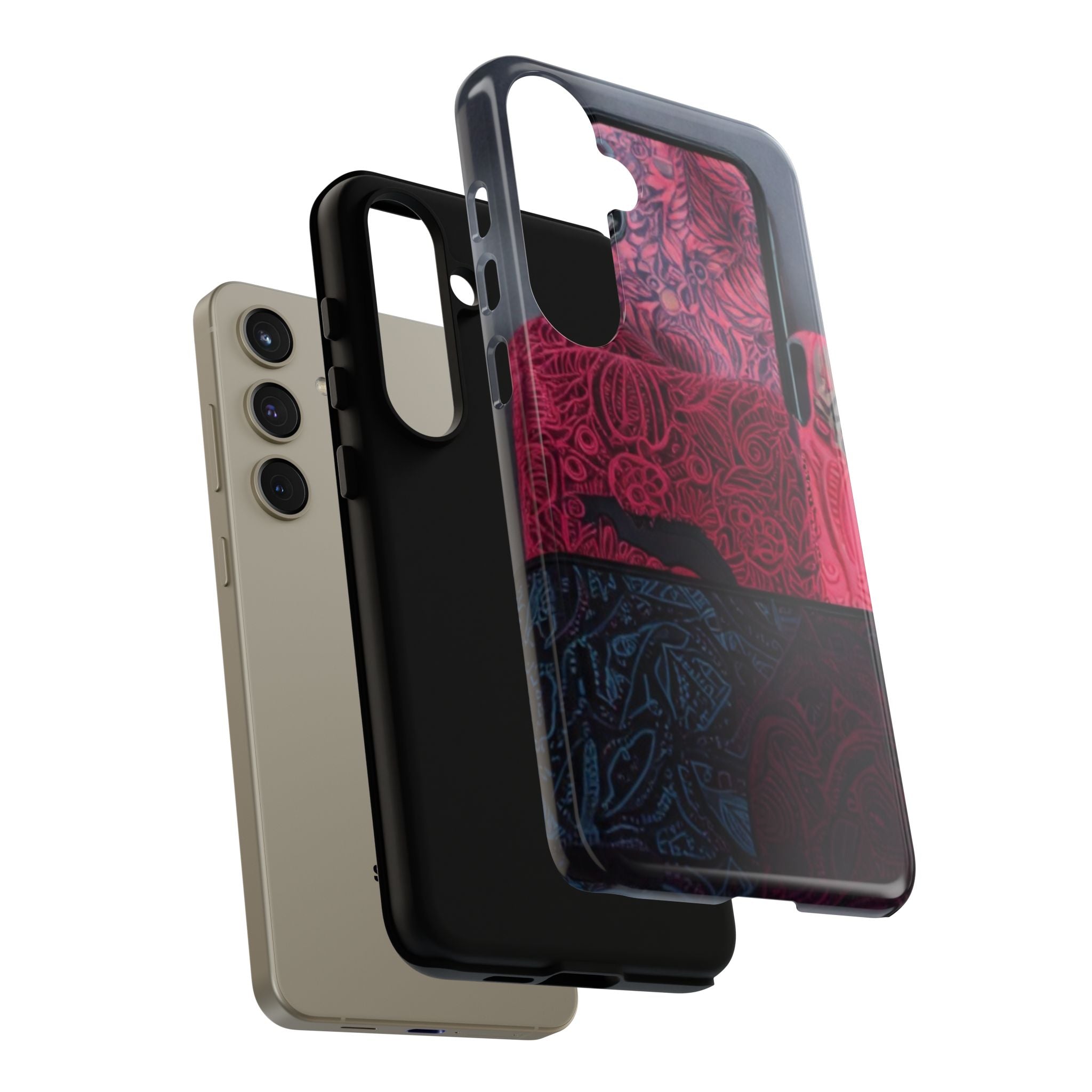 Floral Patchwork Tough Phone Case — Pink & Navy Doodle Design