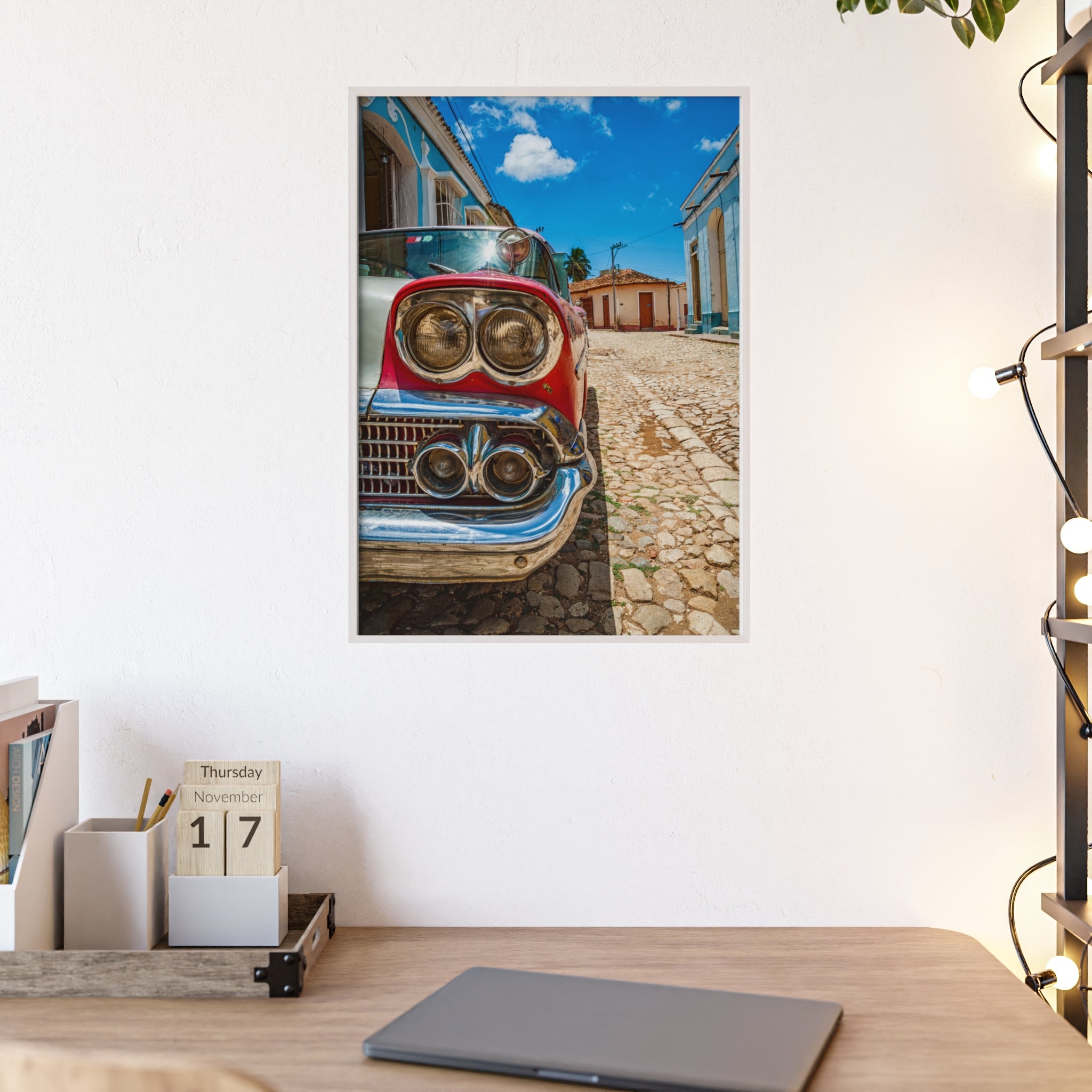 Vintage Classic Car Poster with Wooden Frame — Retro Cuba Street Photography Wall Art