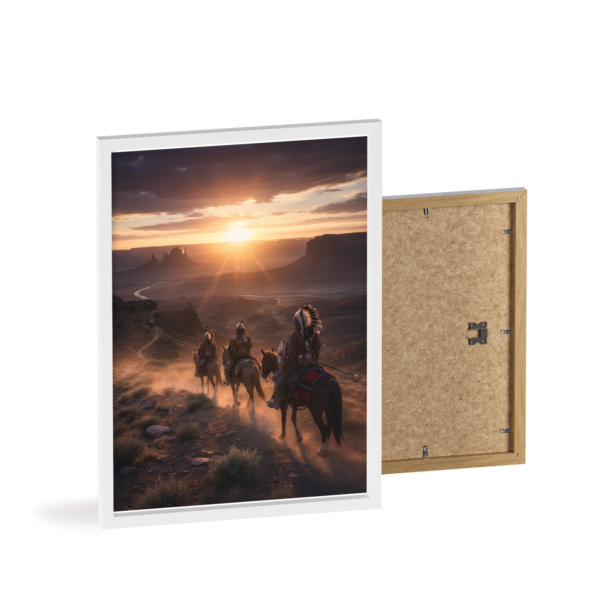 Framed Western Sunset Poster — Native Riders on Horseback Wall Art