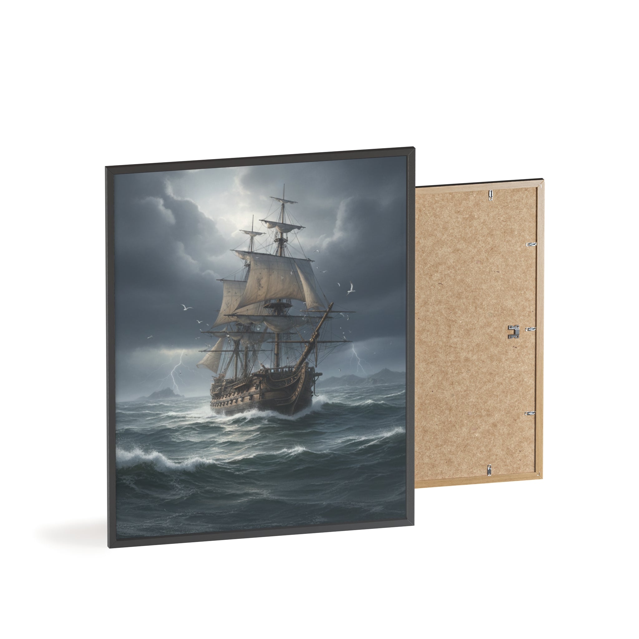 Framed Stormy Sea Ship Poster — Nautical Wall Art with Wooden Frame