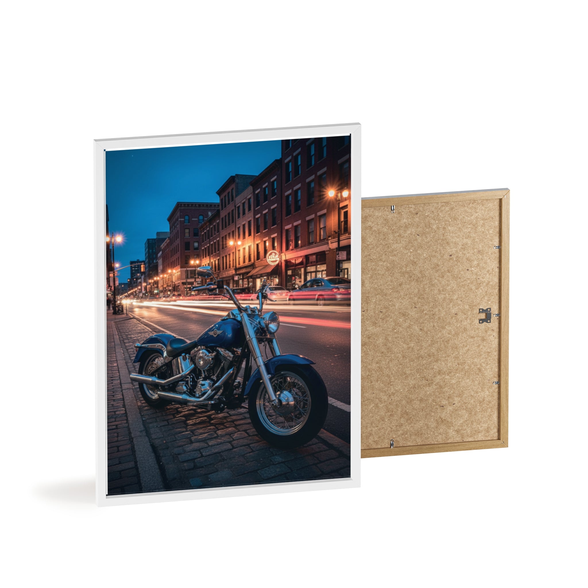 Framed Motorcycle Poster — Night City Street Bike Wall Art