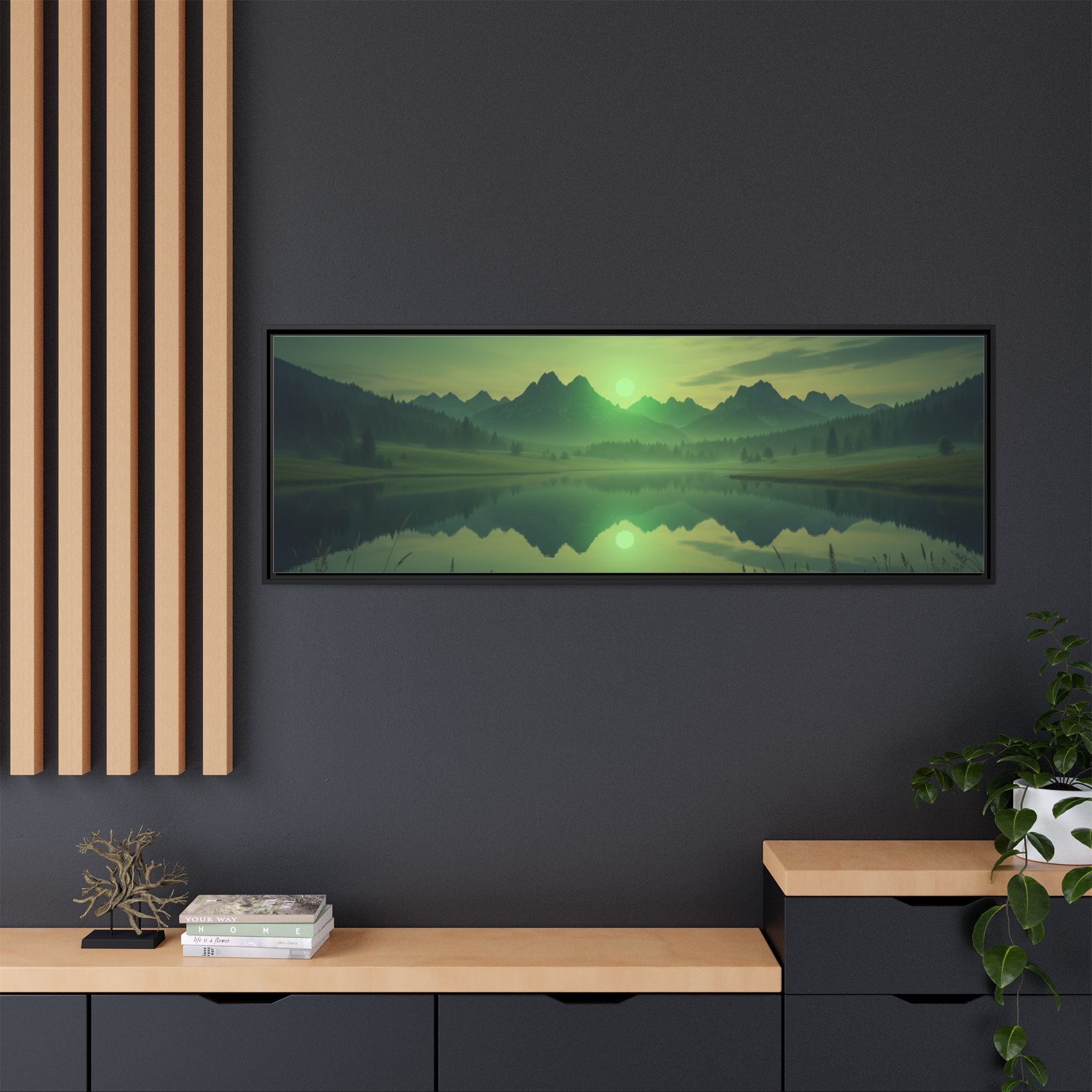 Framed Matte Canvas Print — Serene Green Mountain Lake Landscape