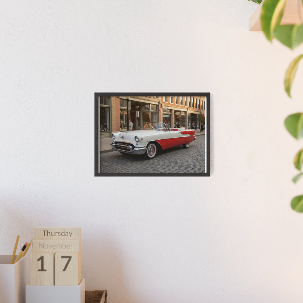 Vintage Red & White Convertible Poster with Wooden Frame — Retro Car Wall Art