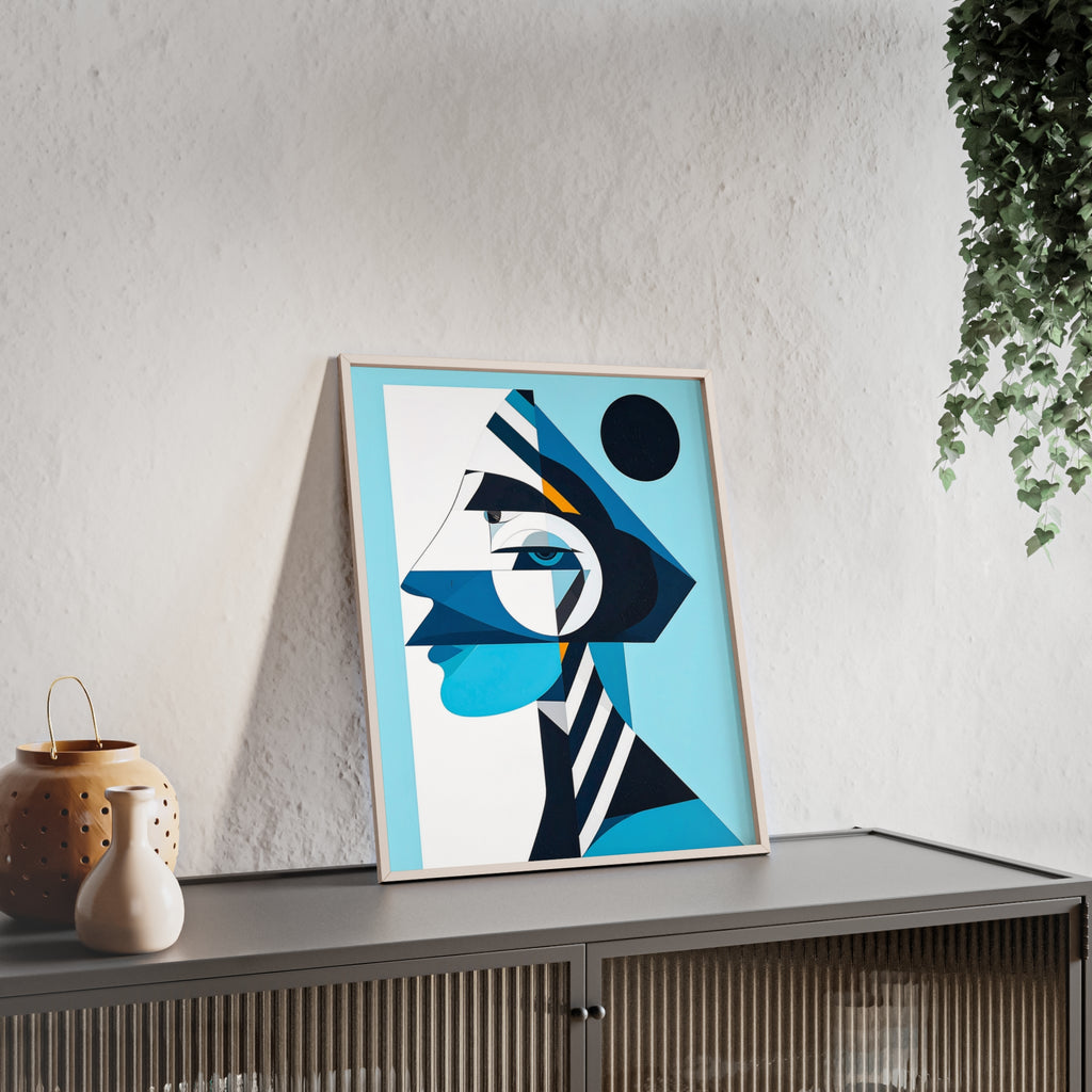 Abstract Geometric Portrait Poster with Wooden Frame — Blue Modern Wall Art