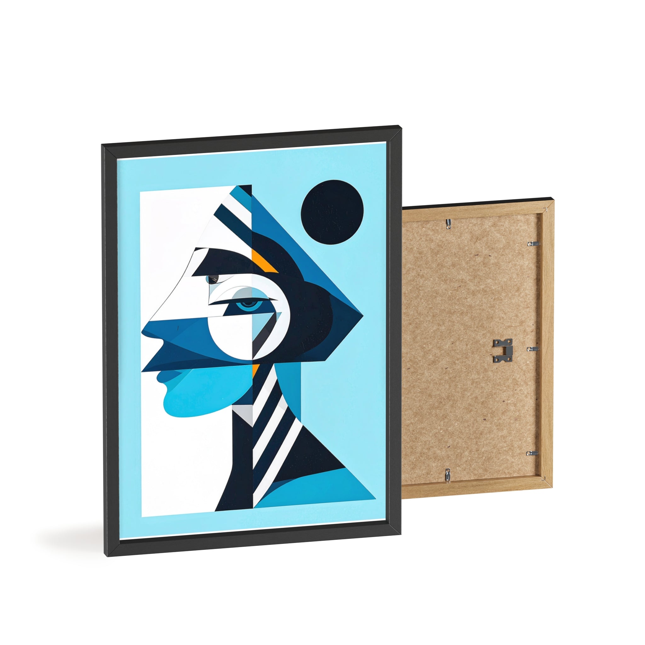 Abstract Geometric Portrait Poster with Wooden Frame — Blue Modern Wall Art