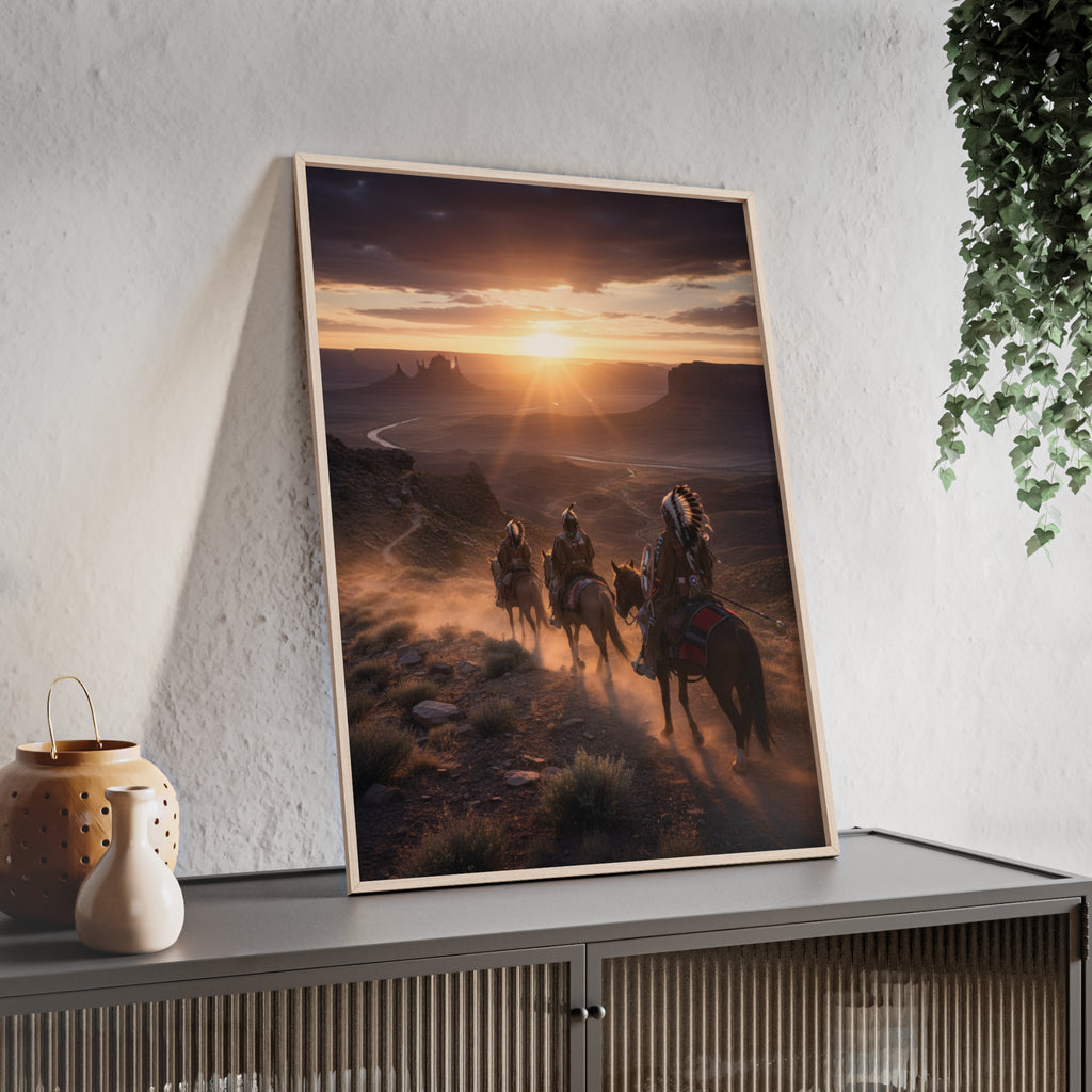 Framed Western Sunset Poster — Native Riders on Horseback Wall Art