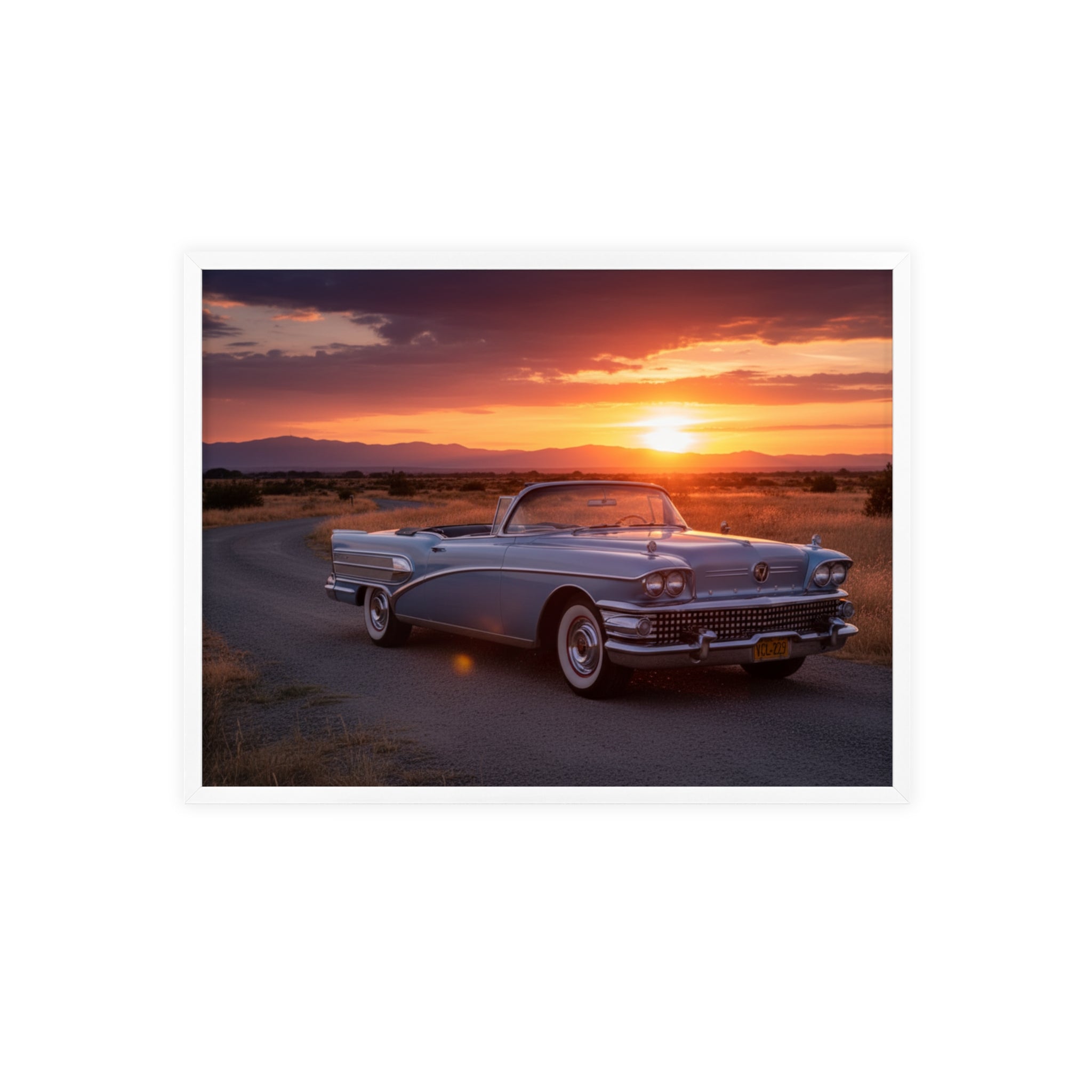 Vintage Convertible Sunset Poster with Wooden Frame