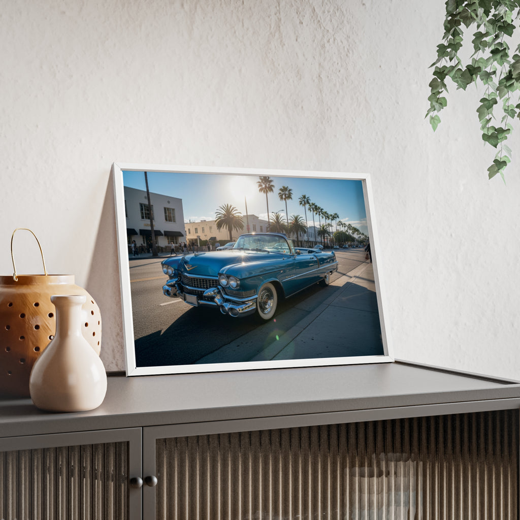 Framed Vintage Cadillac Poster – Retro Palm-Tree Coastal Car Wall Art