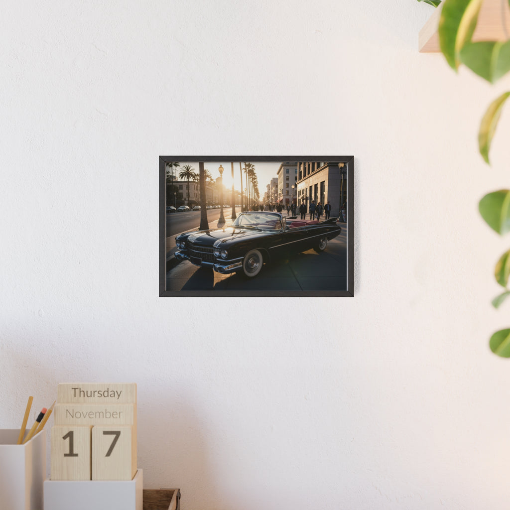 Vintage Convertible Sunset Poster with Wooden Frame