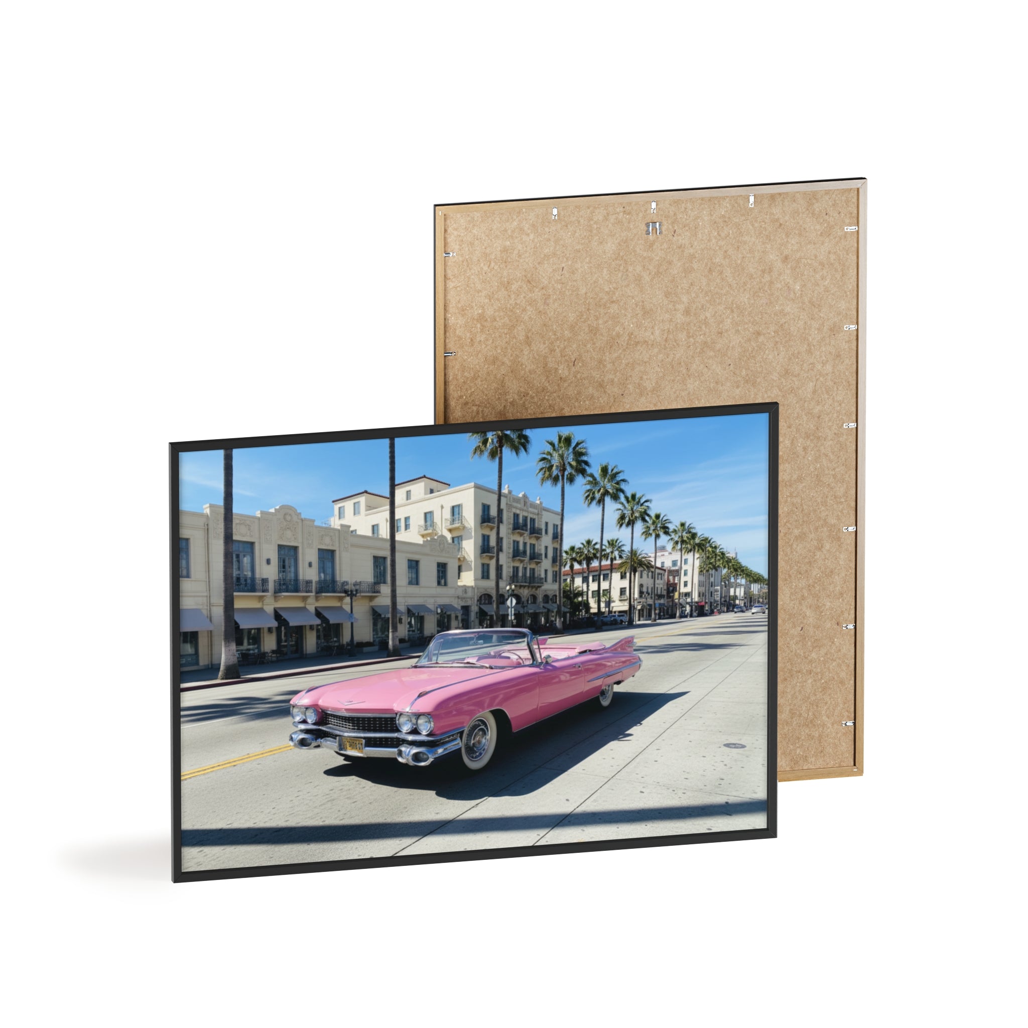 Retro Pink Cadillac Poster with Wooden Frame — Vintage Palm-Drive Wall Art