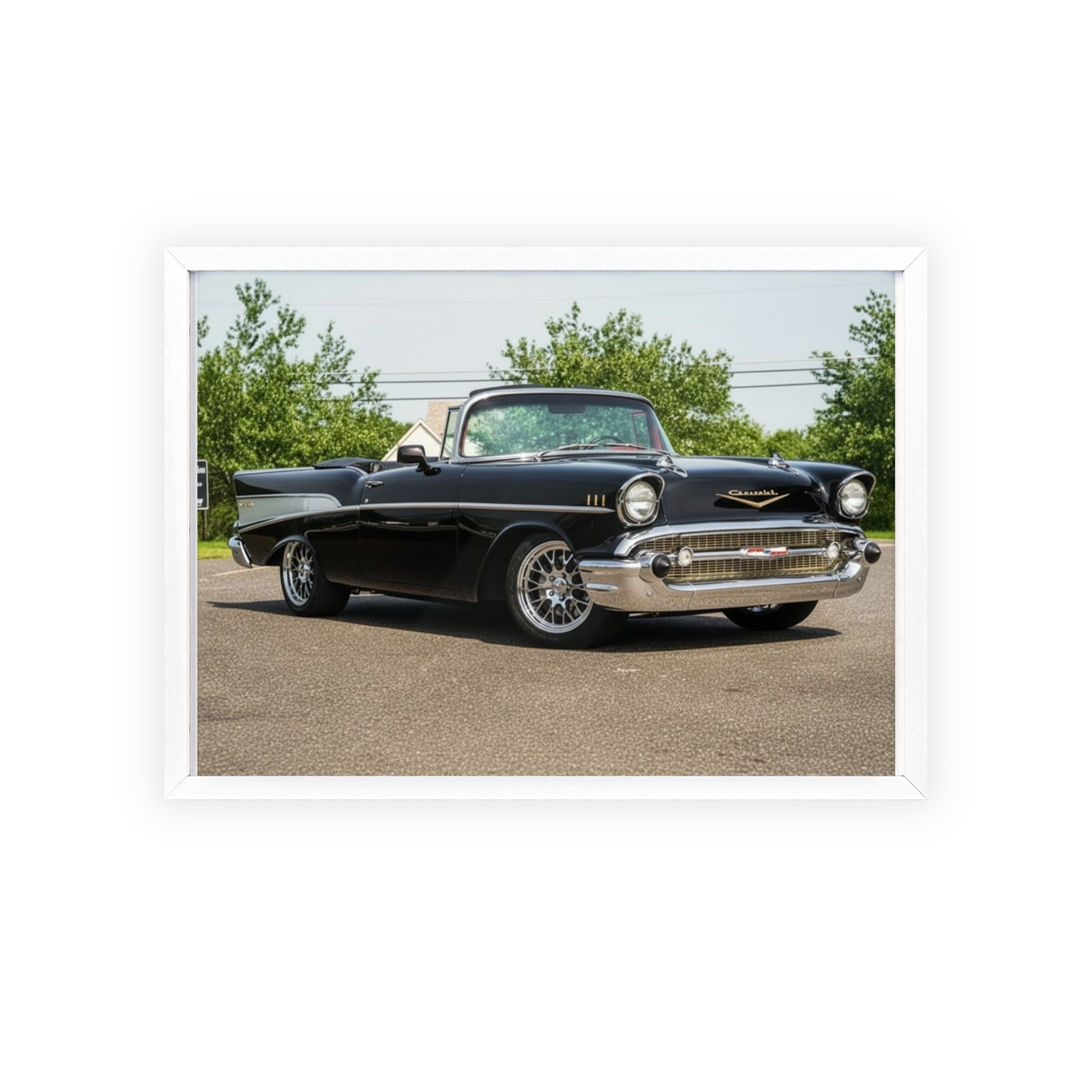 Classic Black 1957 Chevy Poster with Wooden Frame — Vintage Car Wall Art