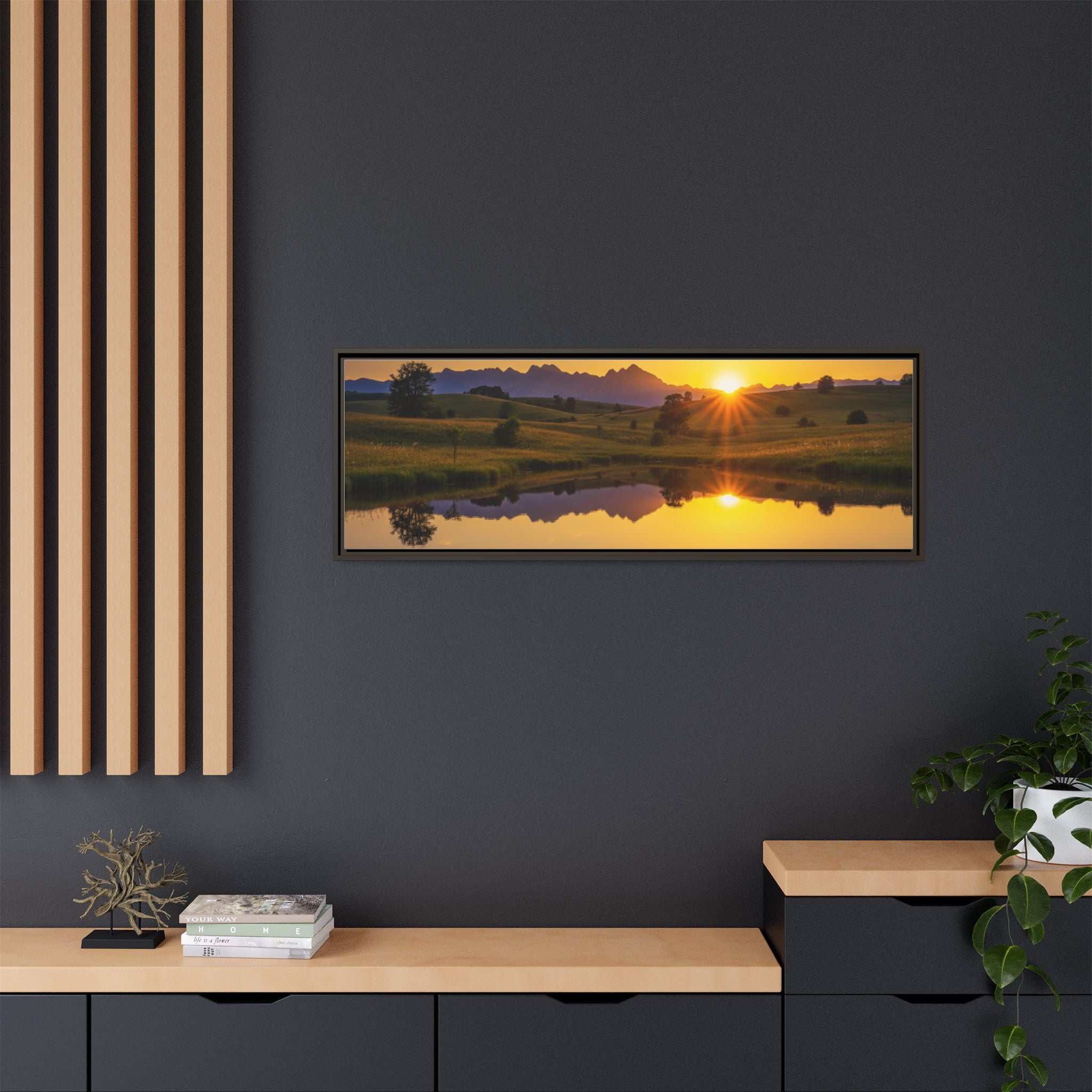 Framed Matte Canvas Sunset Landscape — Serene Lake Reflection Wall Art