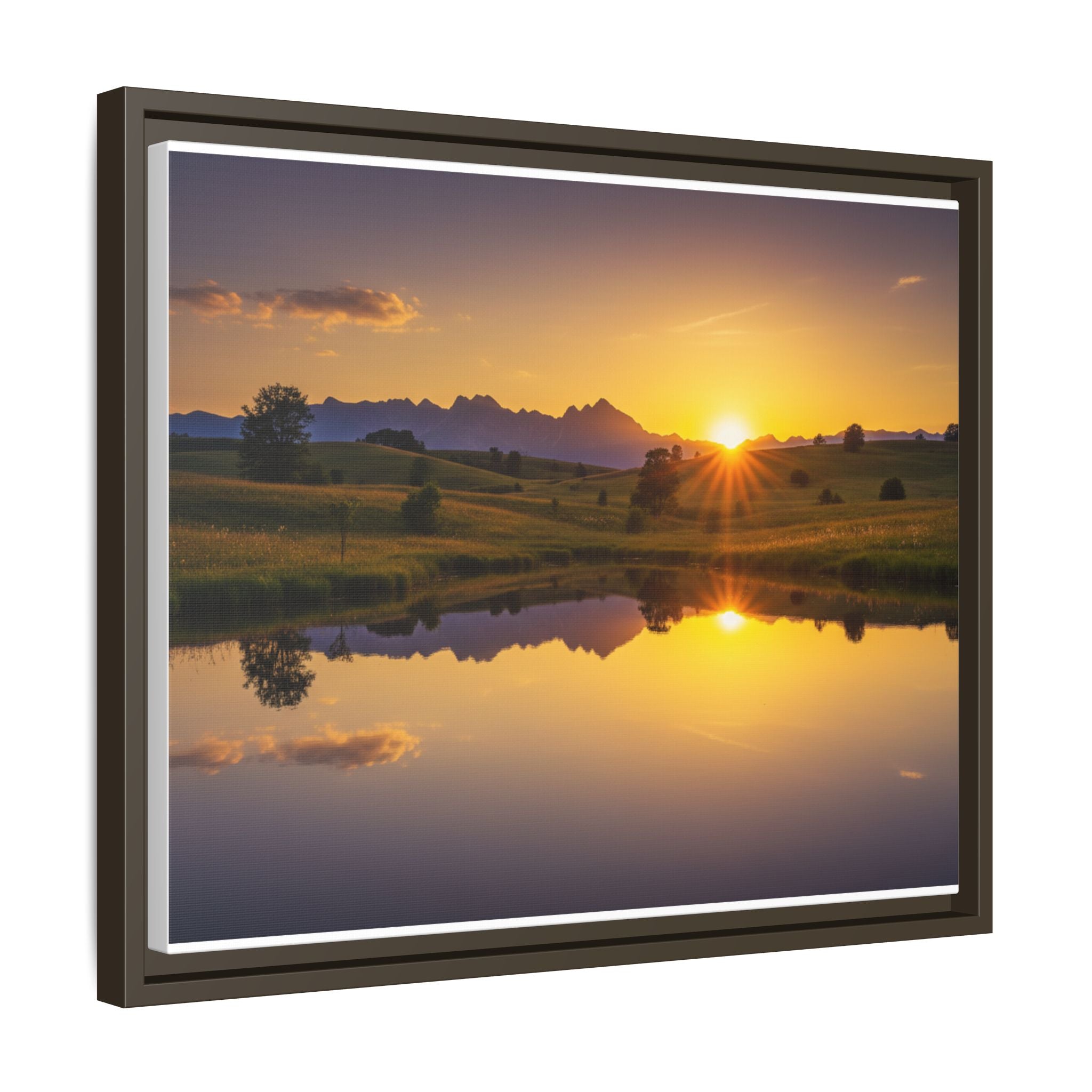 Framed Matte Canvas Sunset Landscape — Serene Lake Reflection Wall Art