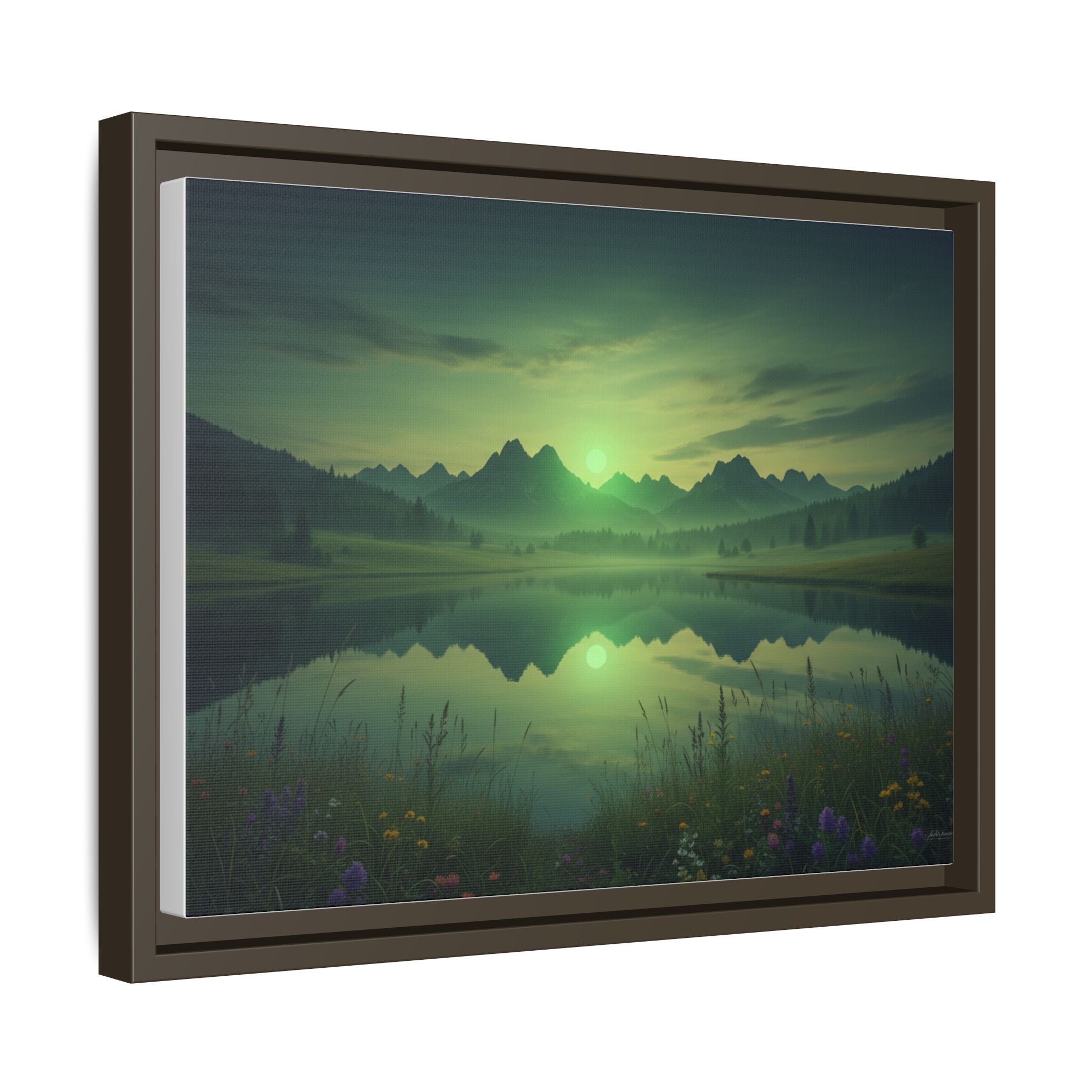 Framed Matte Canvas Print — Serene Green Mountain Lake Landscape