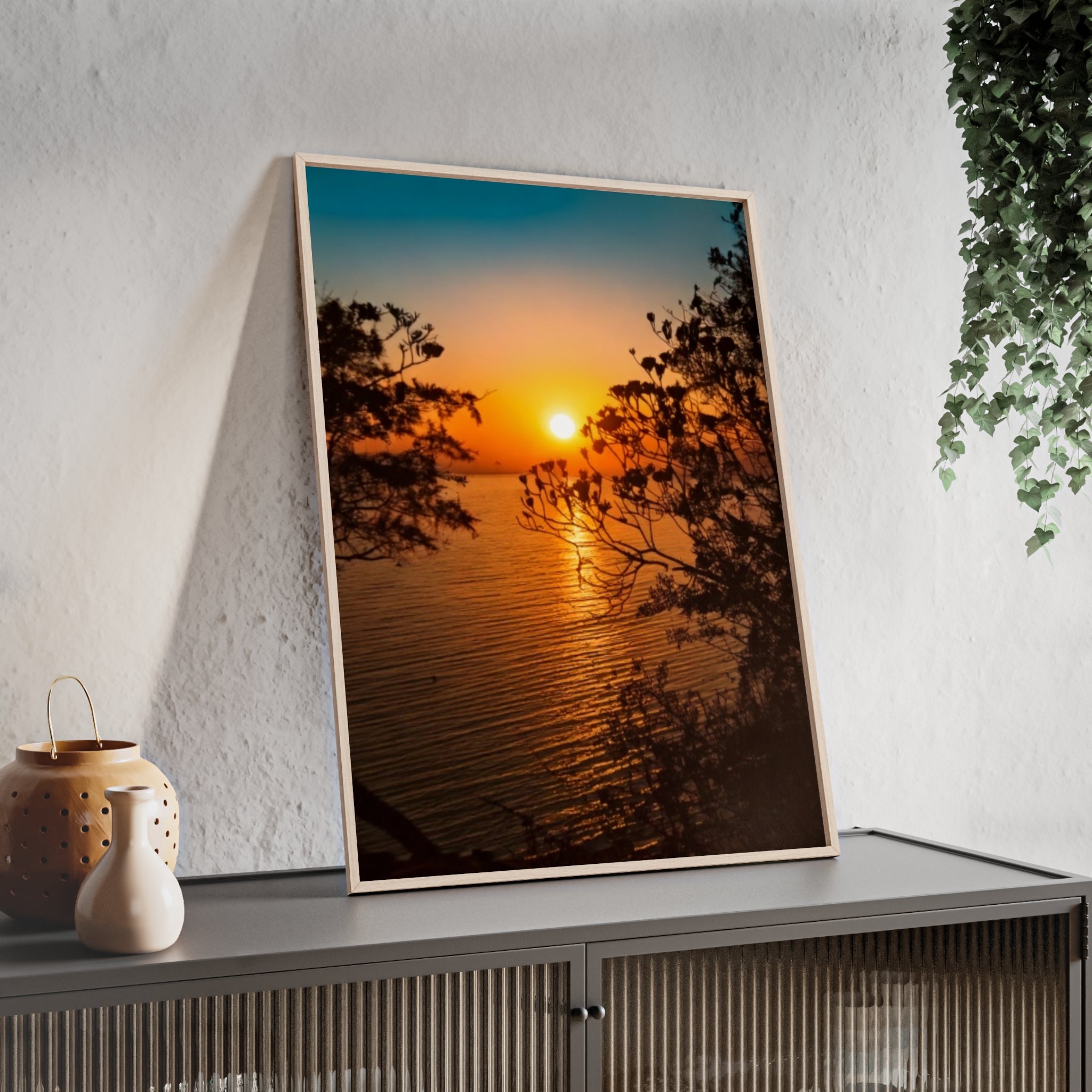 Sunset Coastal Poster with Wooden Frame — Framed Beach Wall Art