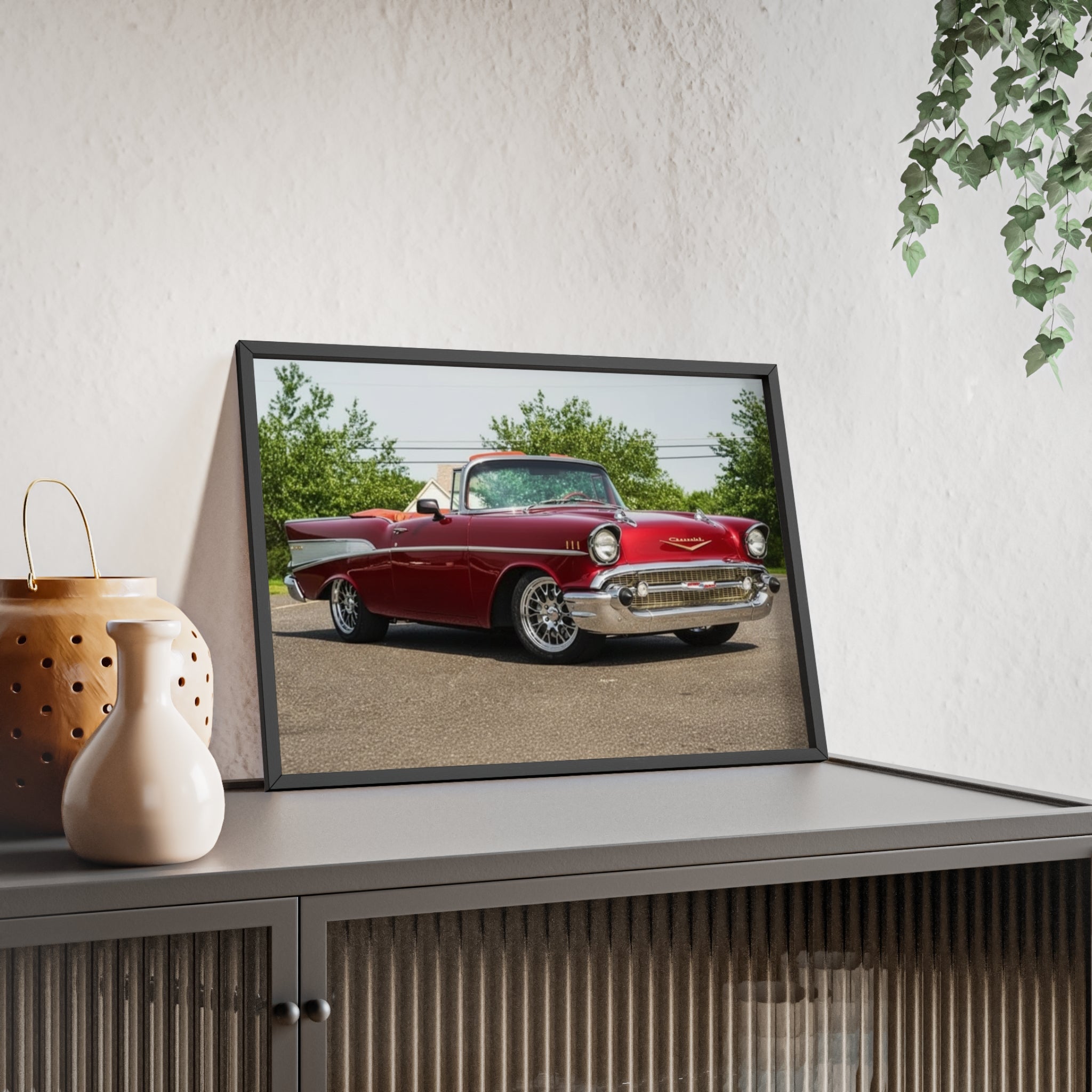 Vintage Red Classic Car Poster with Wooden Frame — Retro Automotive Wall Art