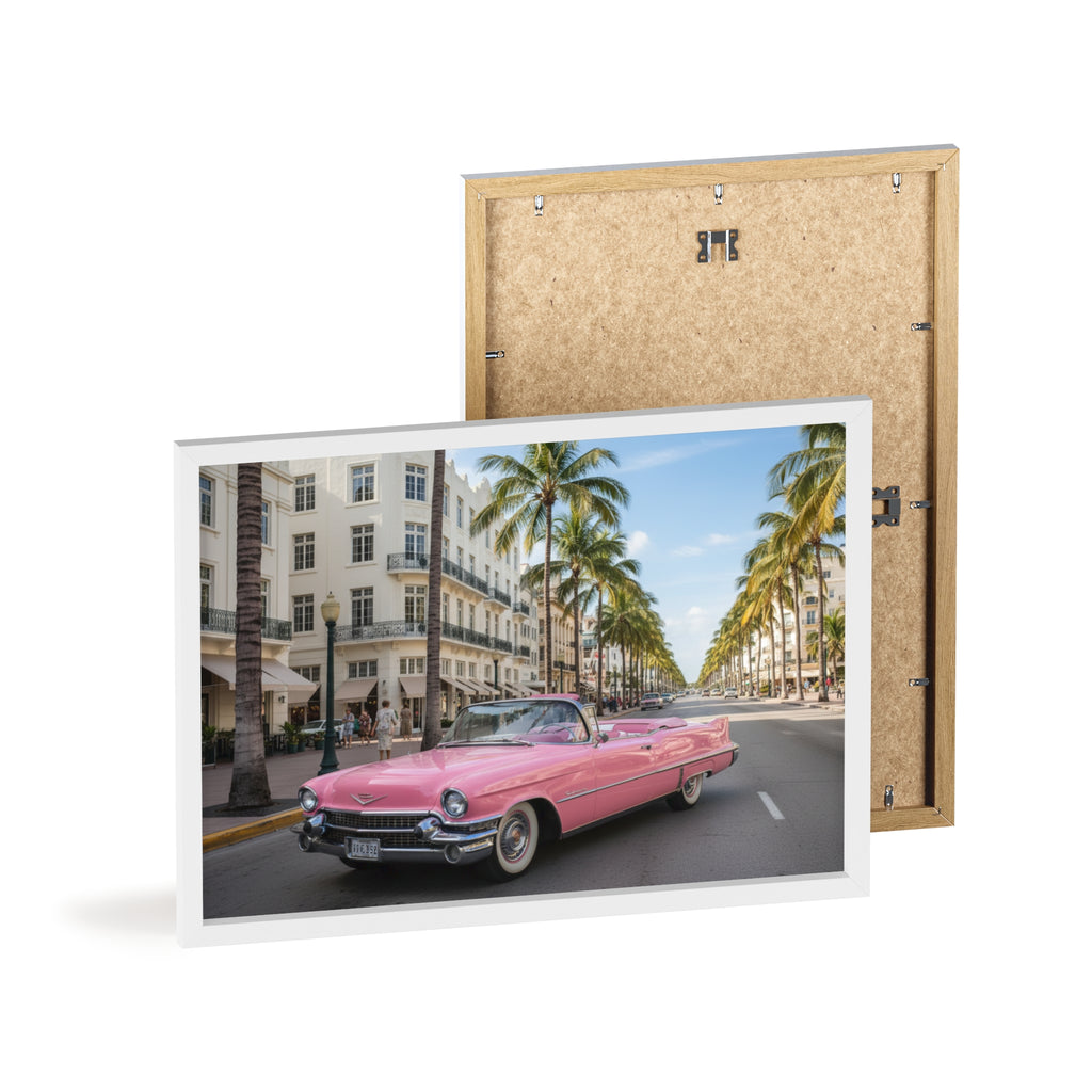Vintage Pink Cadillac Wall Poster with Wooden Frame — Retro Miami Palm Street Photography