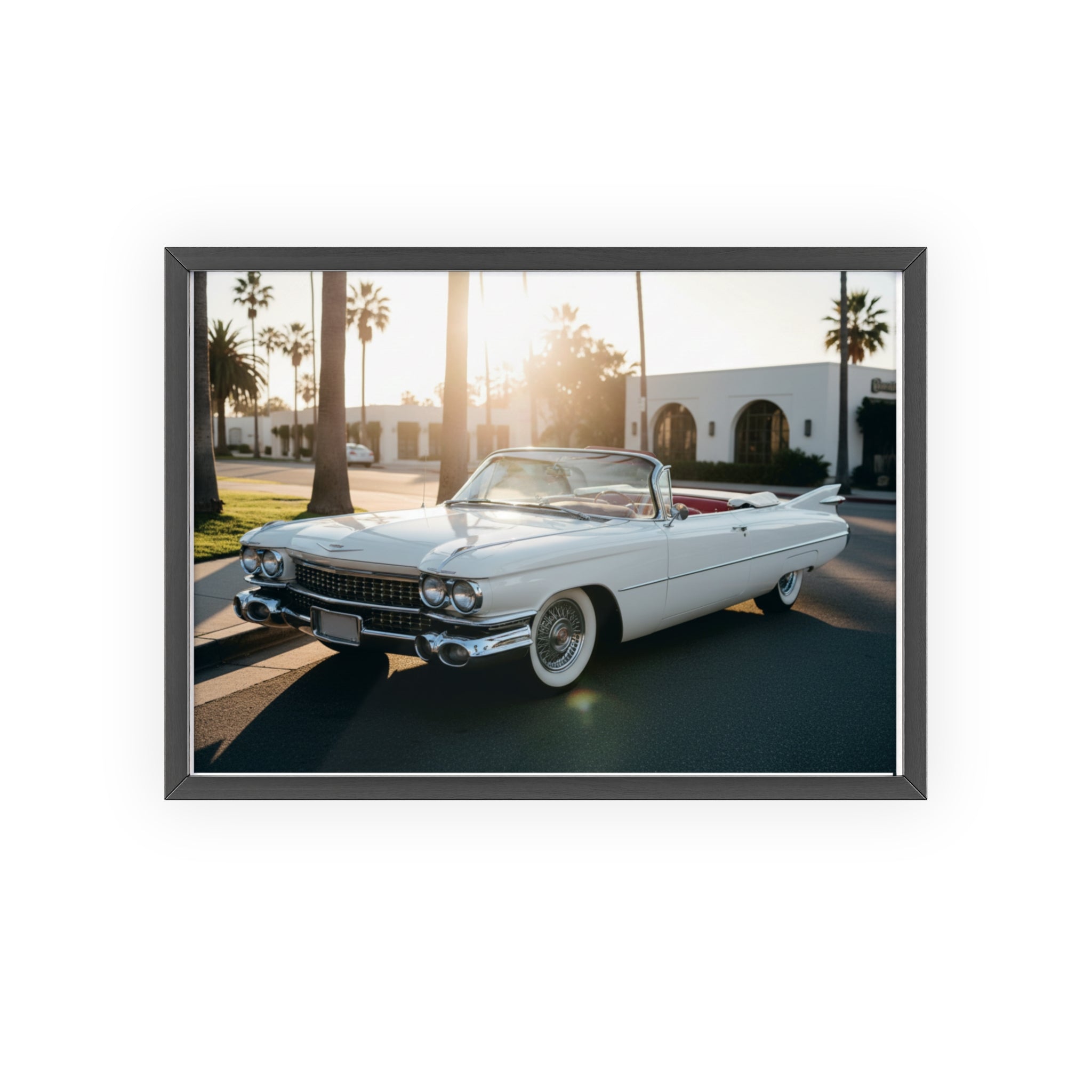 Vintage Cadillac Convertible Poster with Wooden Frame — Retro Palm Trees Sunset Wall Art