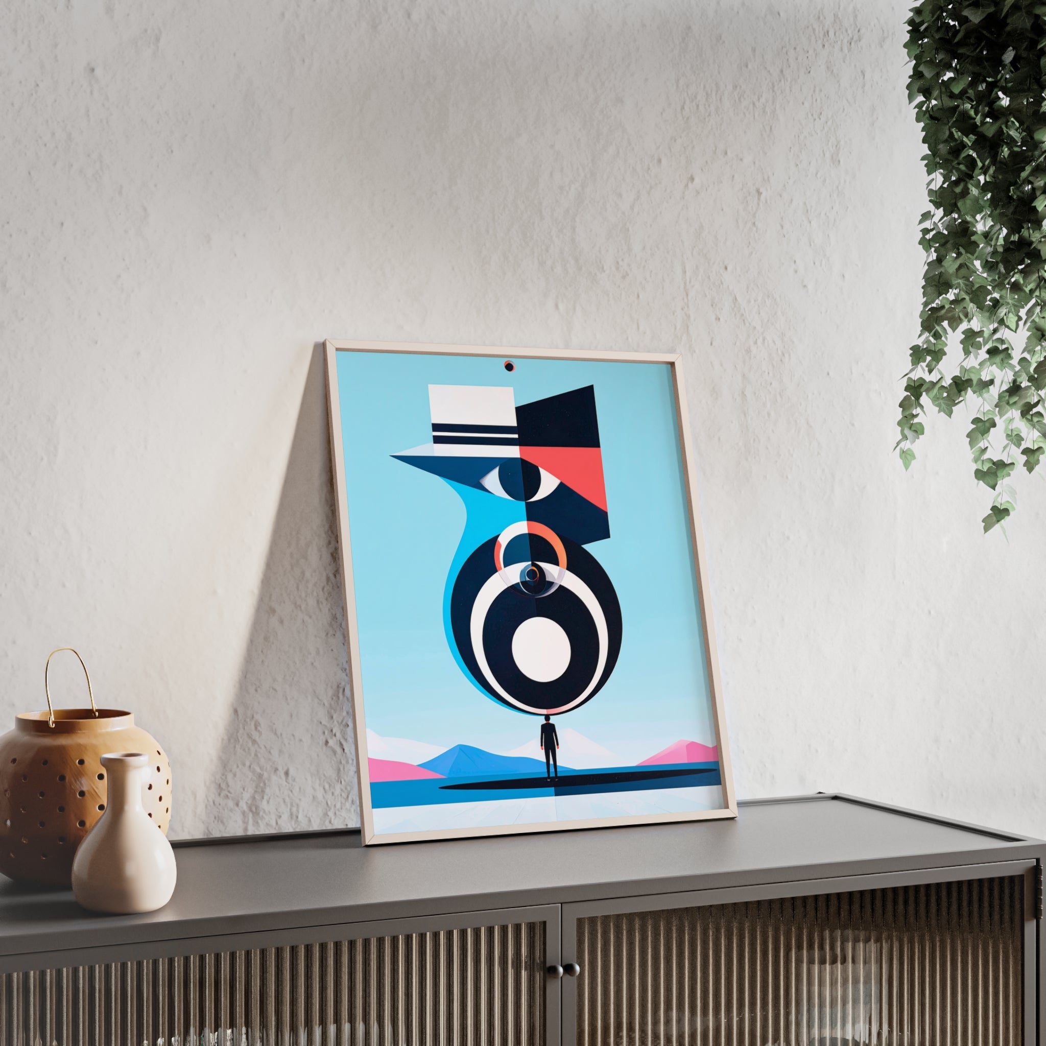Abstract Geometric Bird Poster with Wooden Frame — Modern Minimalist Wall Art
