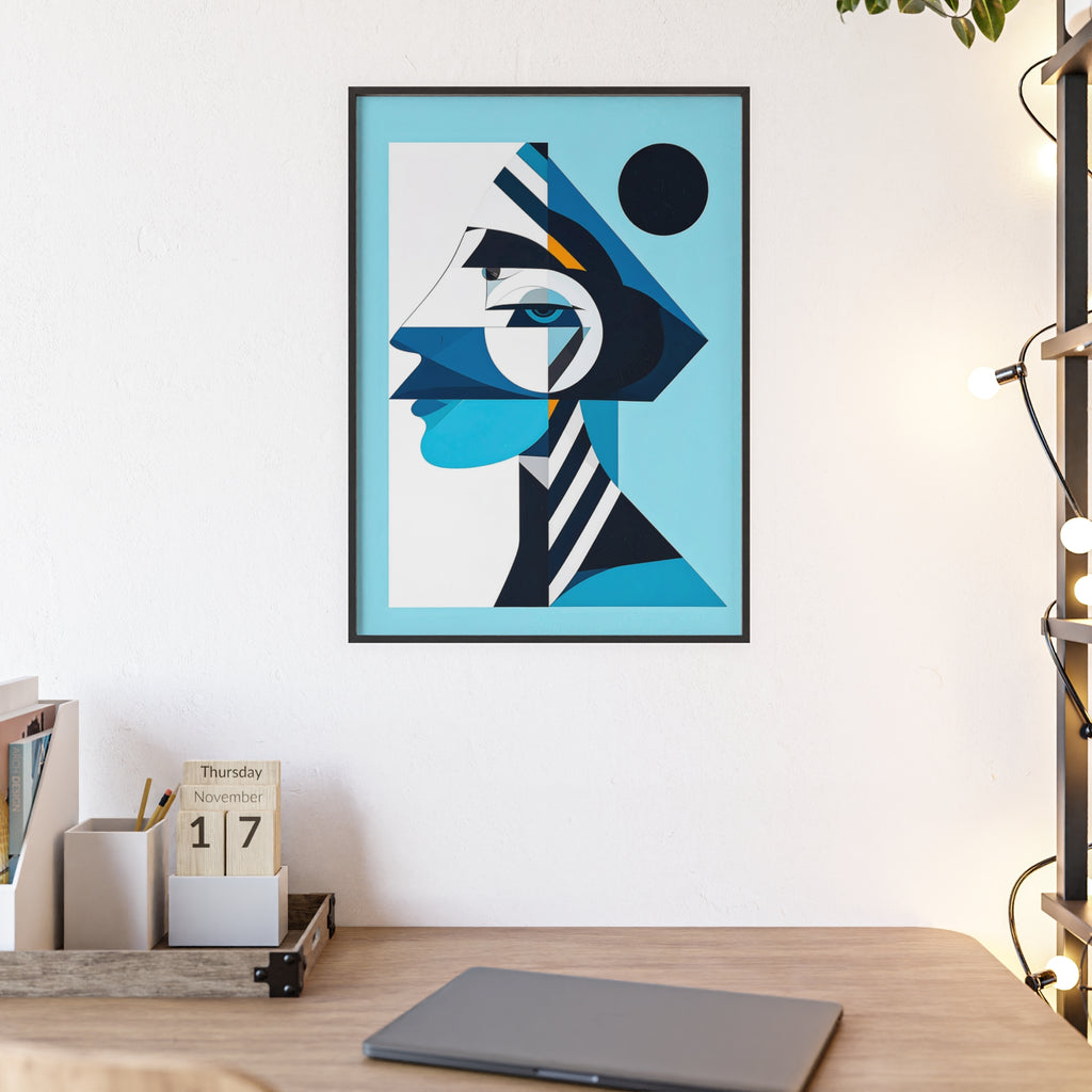 Abstract Geometric Portrait Poster with Wooden Frame — Blue Modern Wall Art