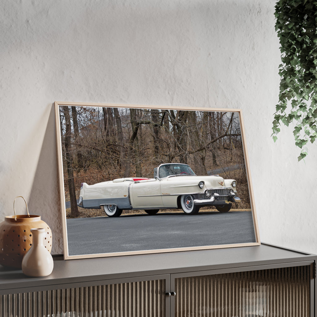 Vintage 1950s White Cadillac Poster with Wooden Frame - Classic Car Wall Art