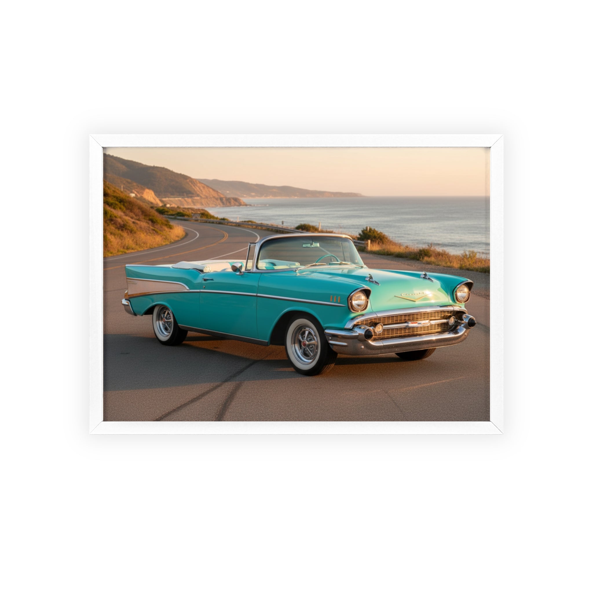 Vintage Teal Classic Car Poster with Wooden Frame — Coastal Road Print