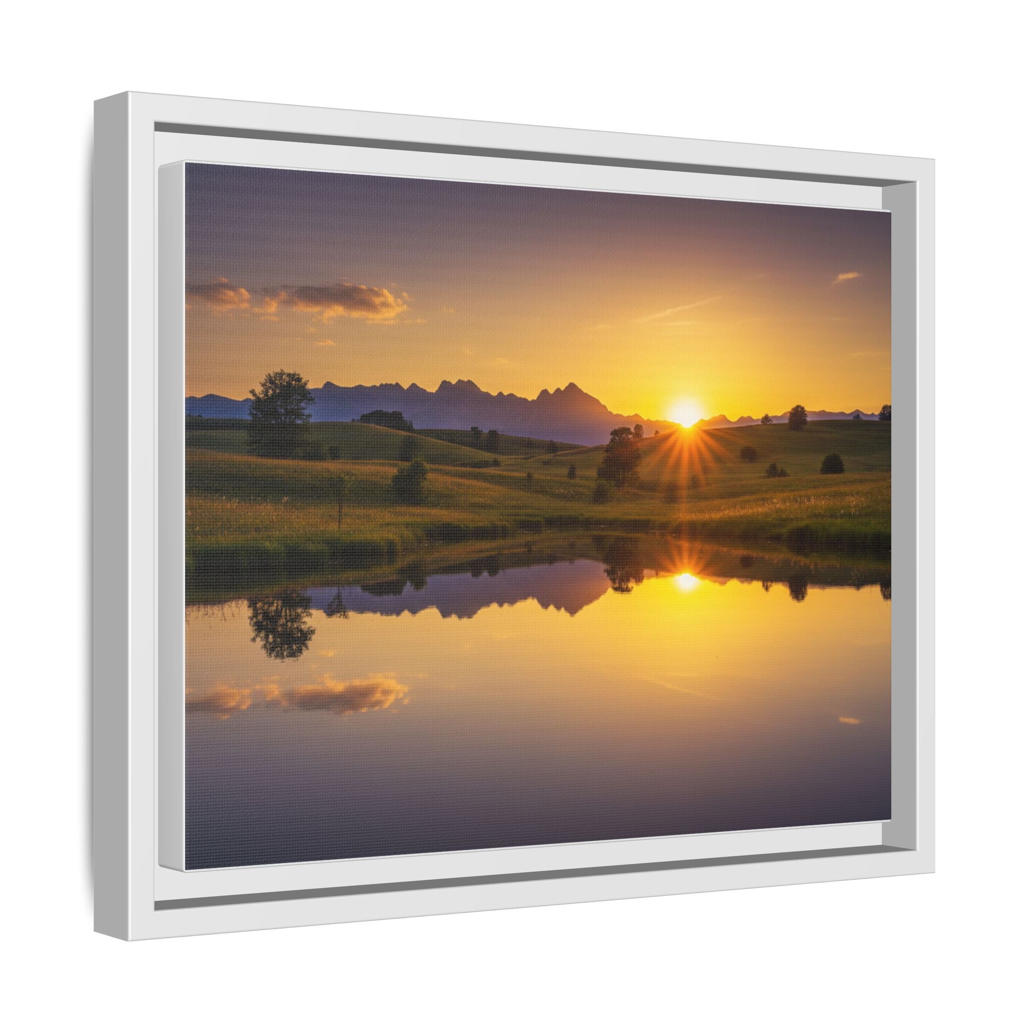 Framed Matte Canvas Sunset Landscape — Serene Lake Reflection Wall Art