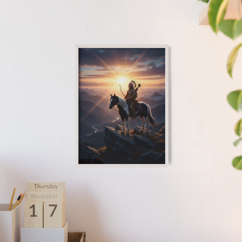 Native American Warrior on Horse Framed Poster — Scenic Sunrise Wall Art