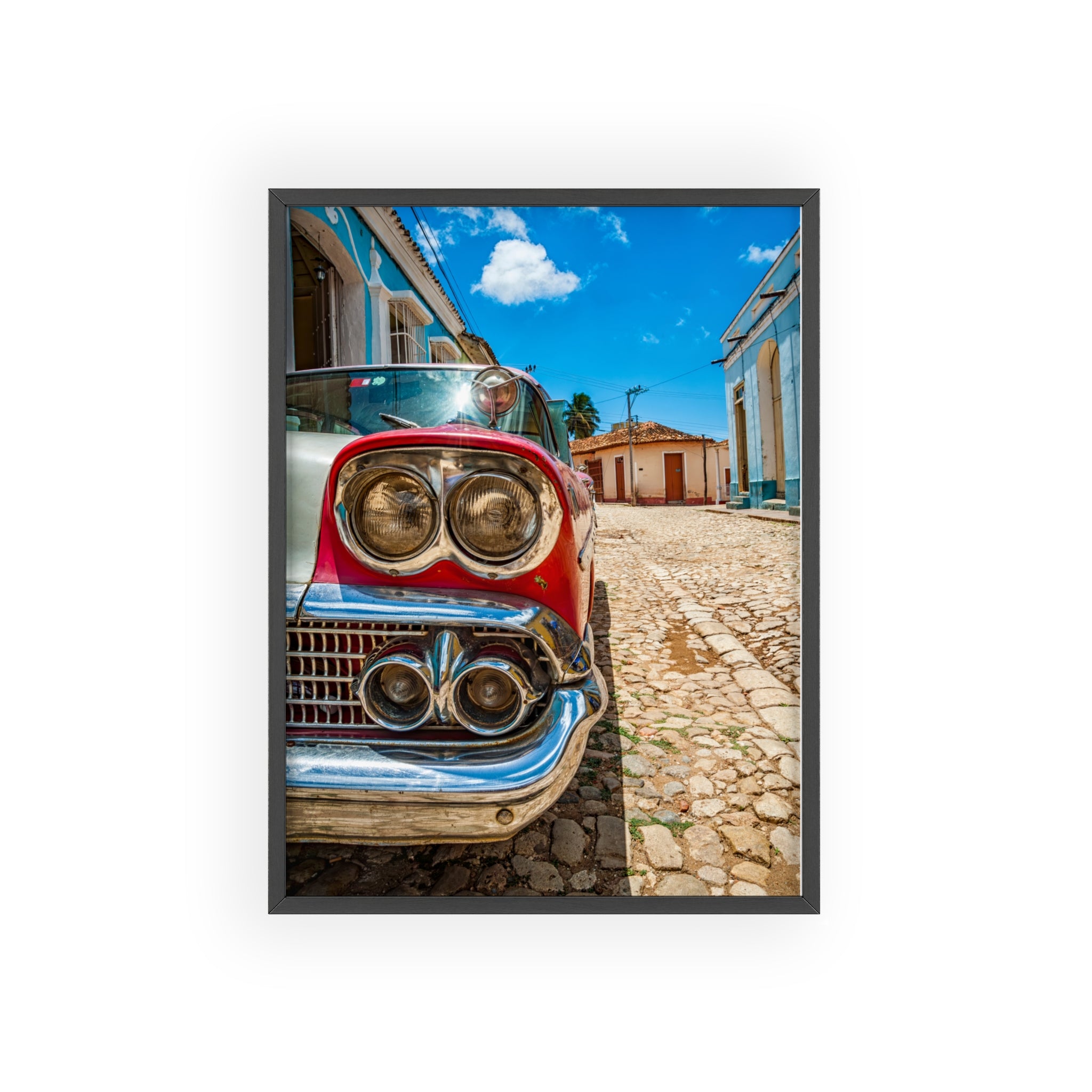 Vintage Classic Car Poster with Wooden Frame — Retro Cuba Street Photography Wall Art