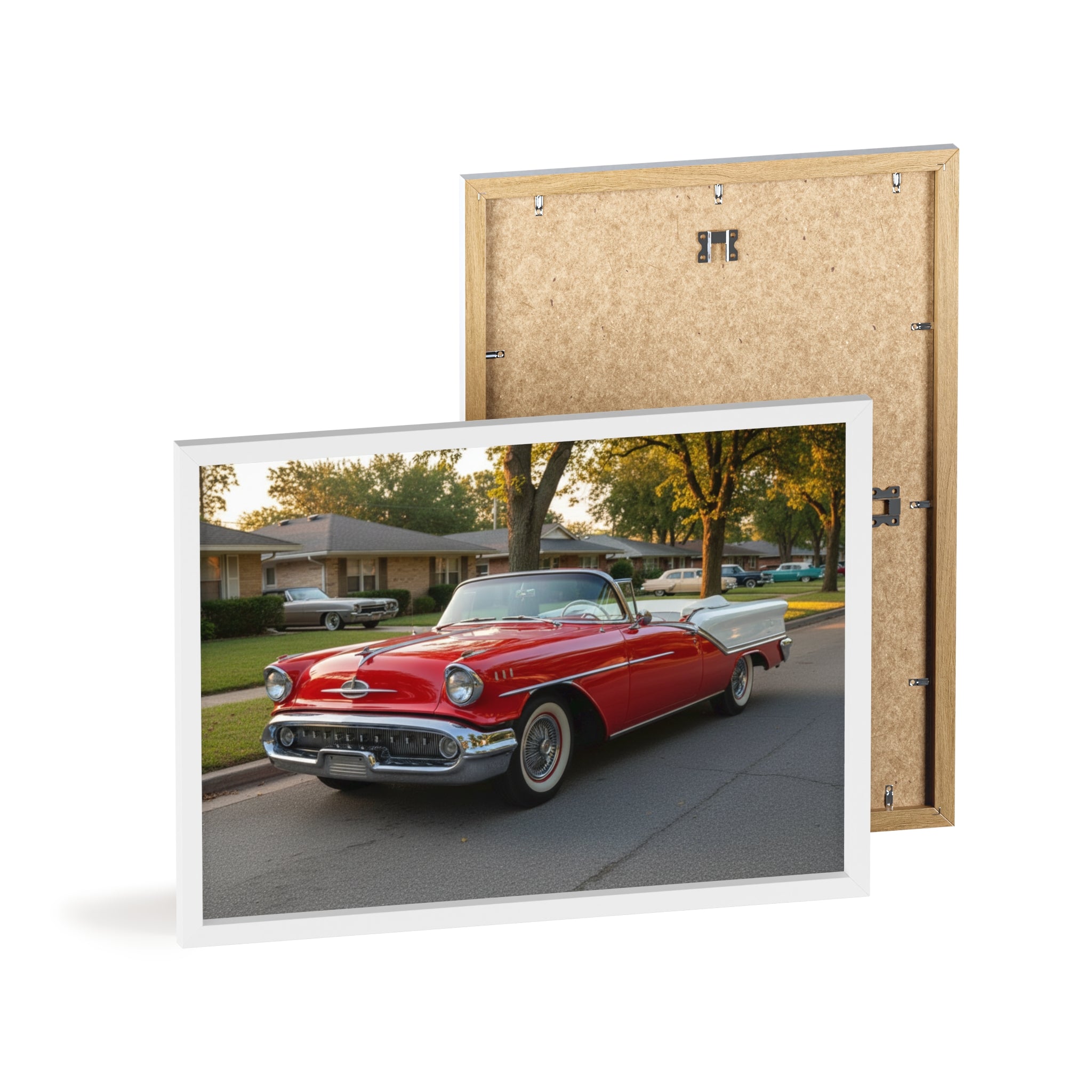 Vintage Red Convertible Poster with Wooden Frame — Classic Car Wall Art