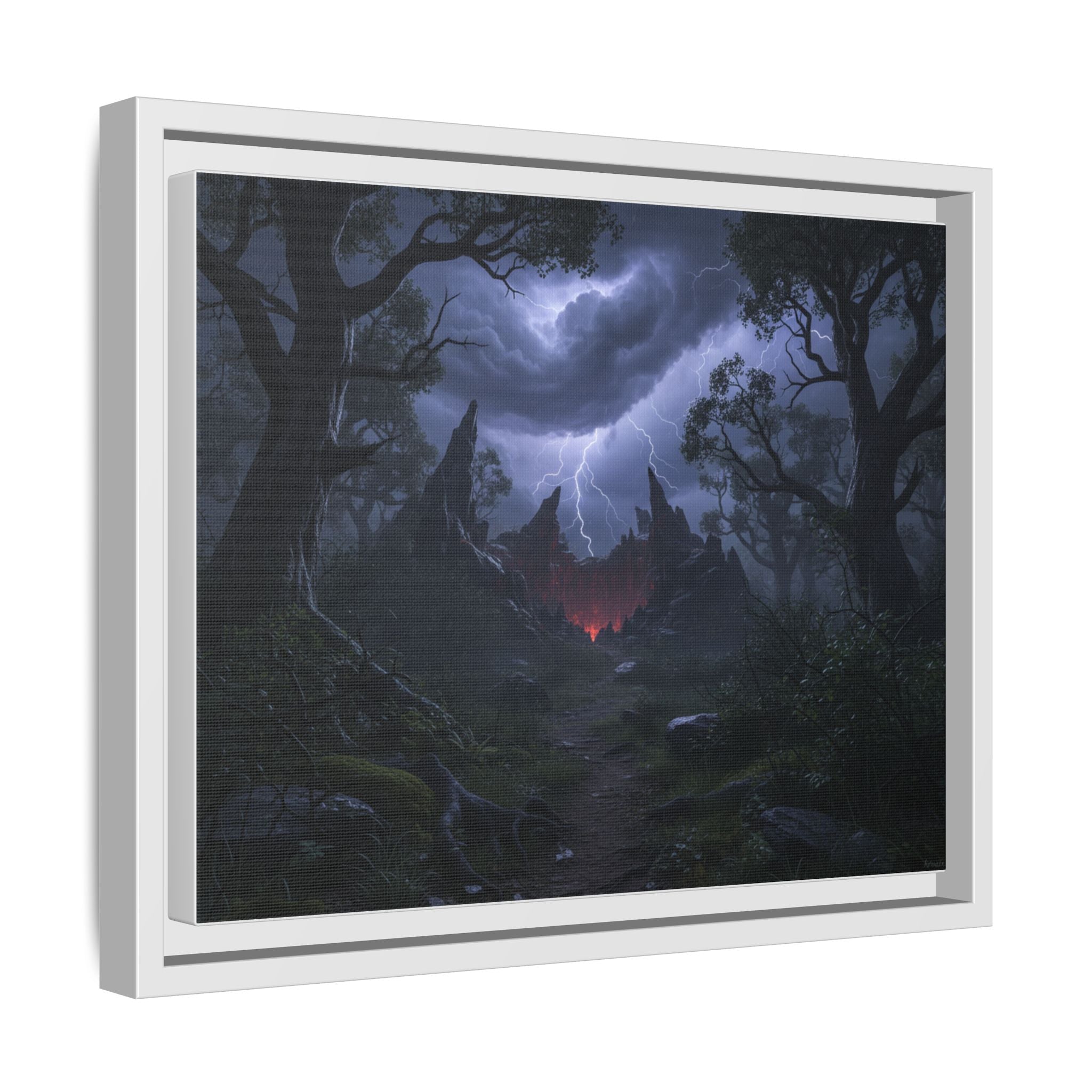 Dark Storm Forest Framed Canvas Print — Lightning, Haunted Castle Art