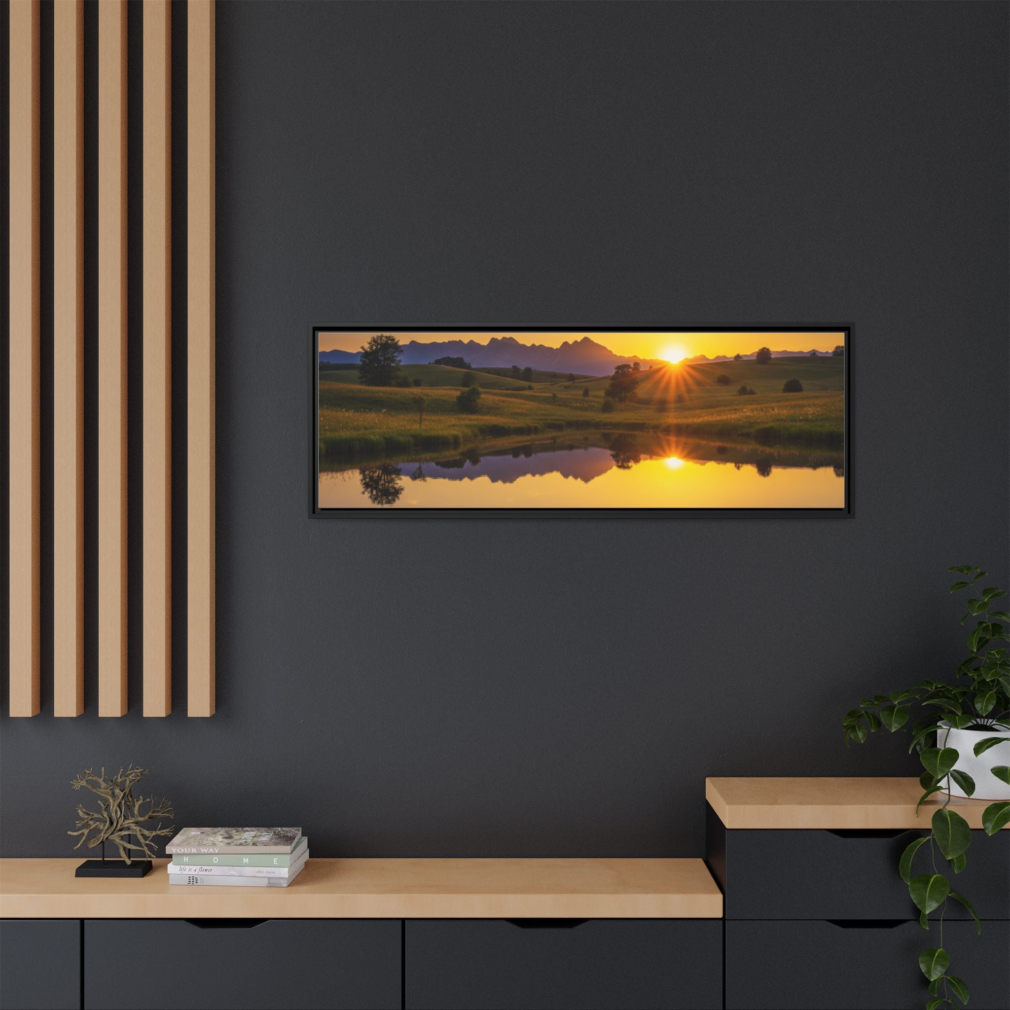 Framed Matte Canvas Sunset Landscape — Serene Lake Reflection Wall Art