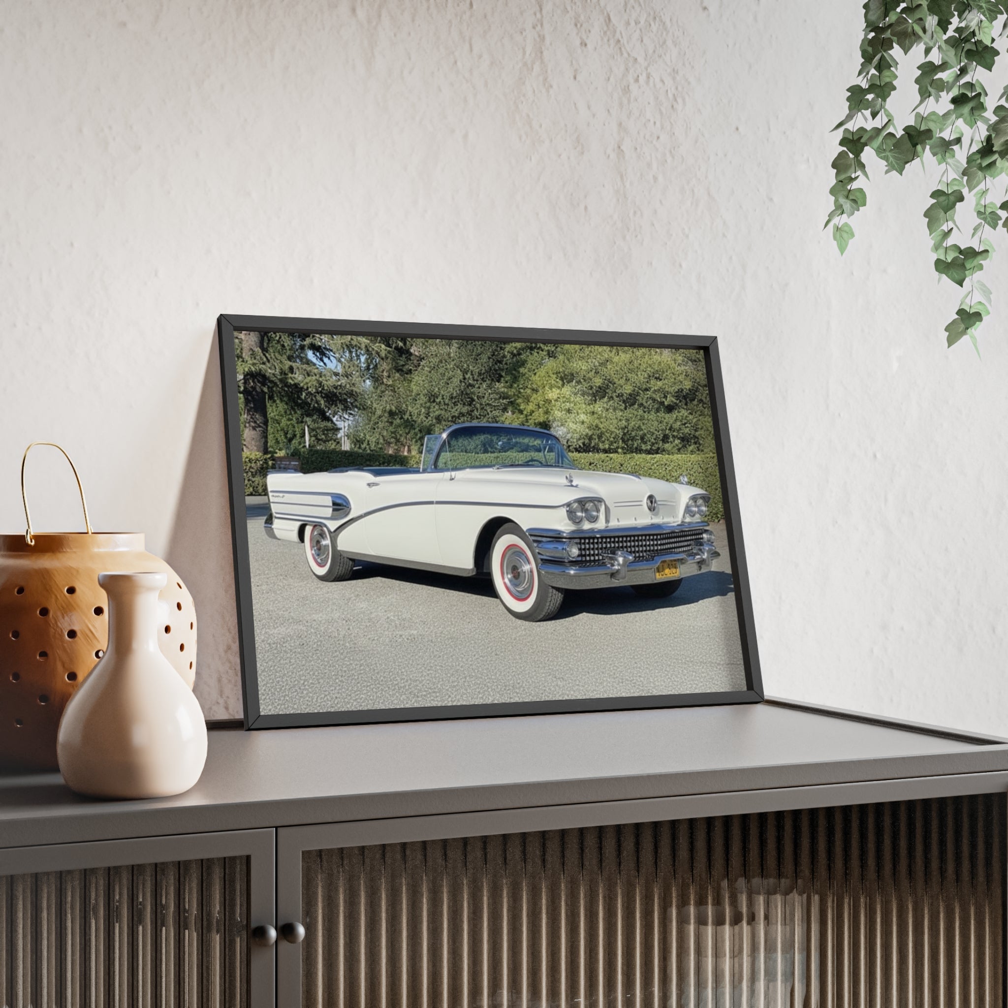 Classic White Convertible Car Poster with Wooden Frame — Vintage Auto Wall Art