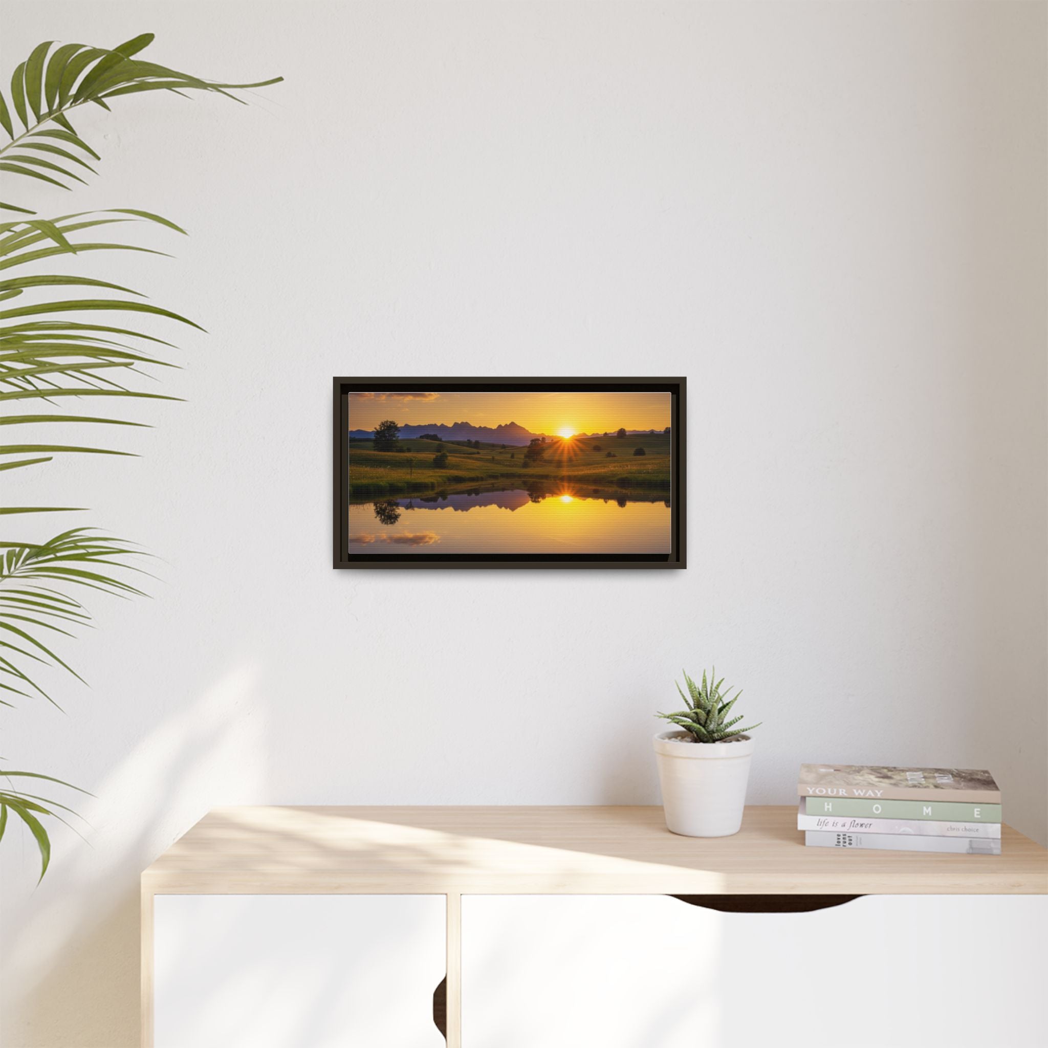 Framed Matte Canvas Sunset Landscape — Serene Lake Reflection Wall Art