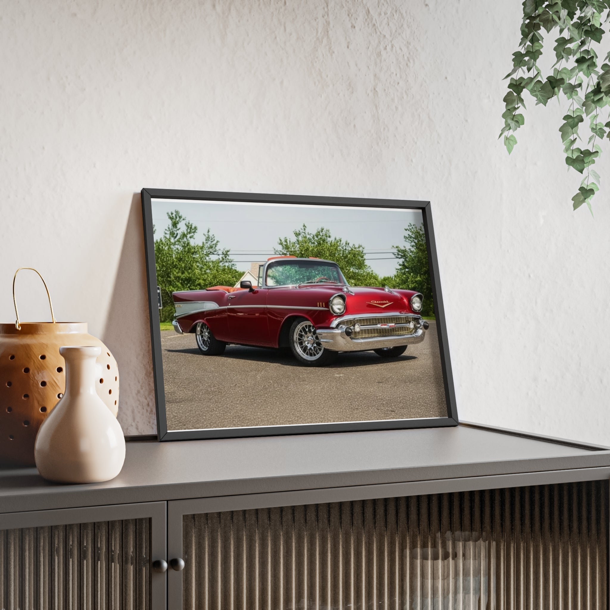 Classic Red Chevy Poster with Wooden Frame — Vintage Car Wall Art for Garage, Man Cave, Auto Enthusiasts