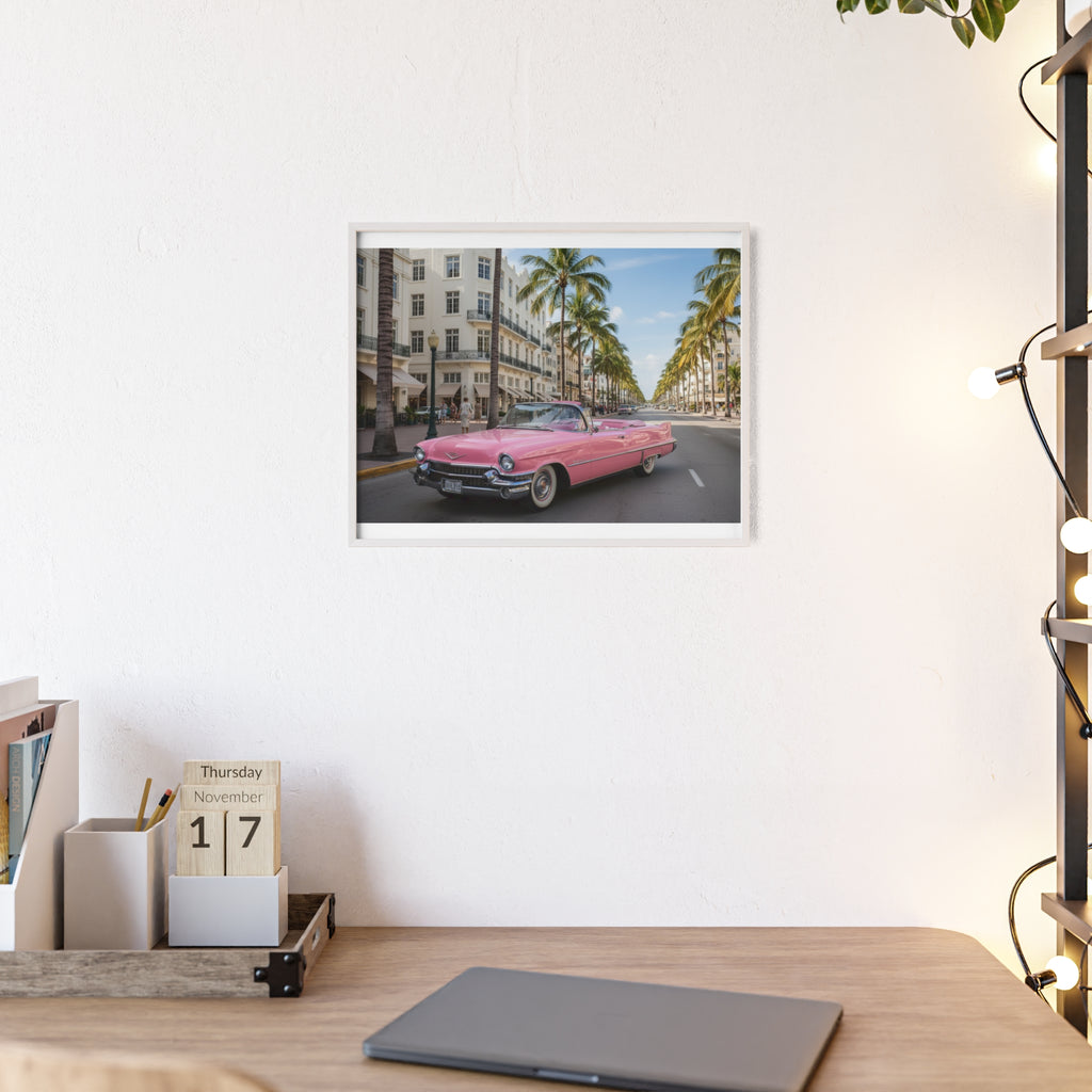 Vintage Pink Cadillac Wall Poster with Wooden Frame — Retro Miami Palm Street Photography