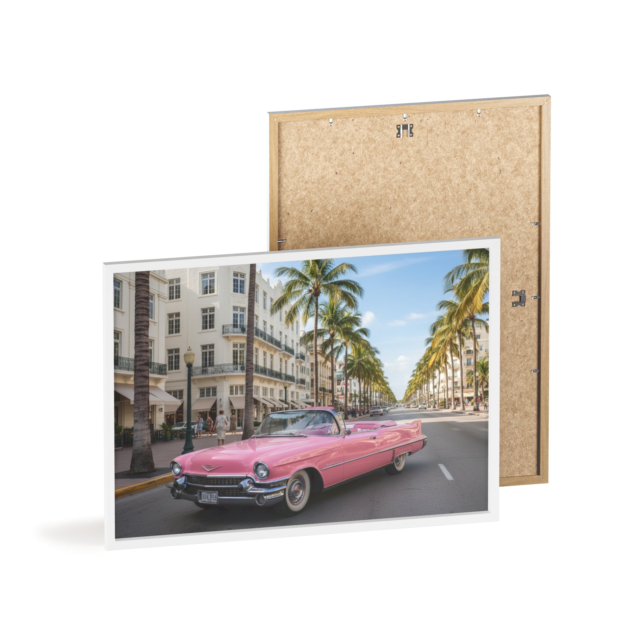 Vintage Pink Cadillac Wall Poster with Wooden Frame — Retro Miami Palm Street Photography