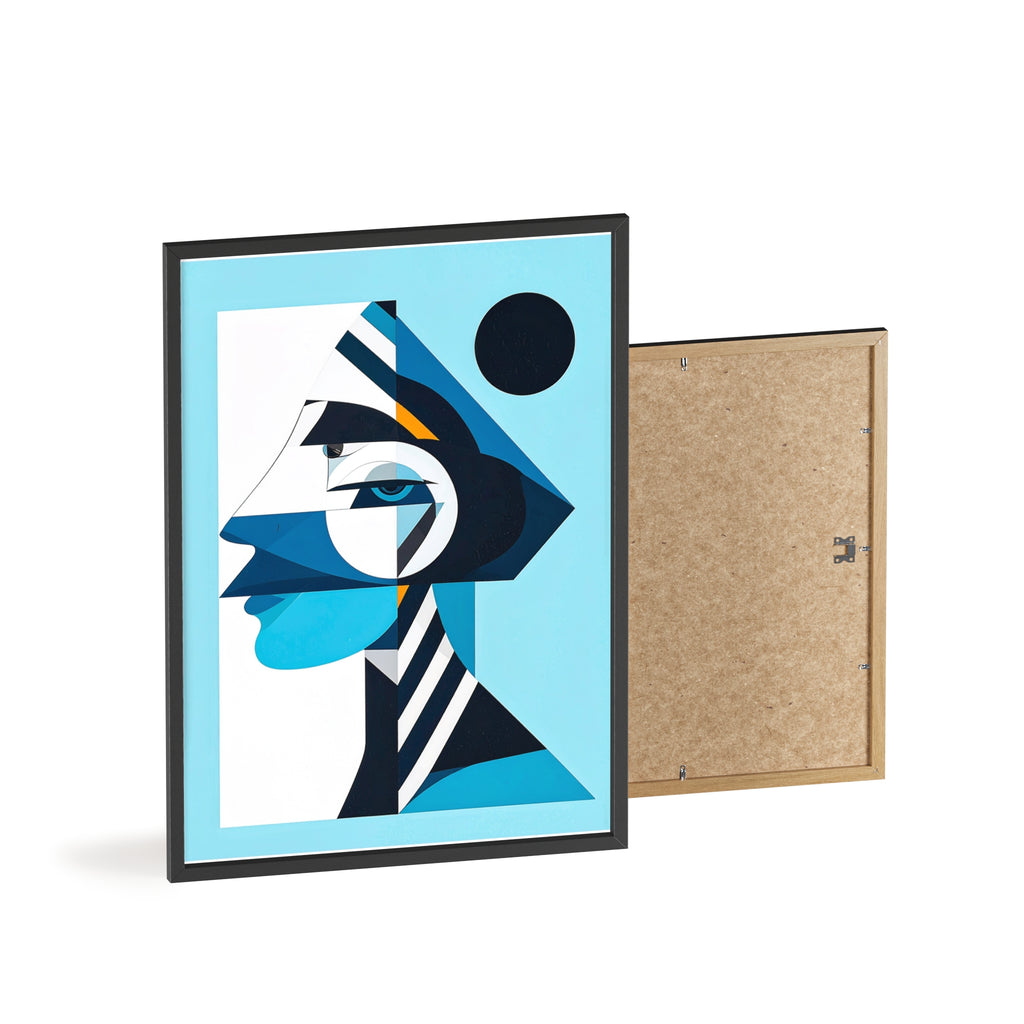 Abstract Geometric Portrait Poster with Wooden Frame — Blue Modern Wall Art