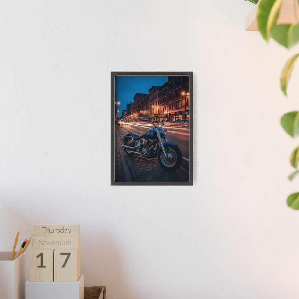 Framed Motorcycle Poster — Night City Street Bike Wall Art