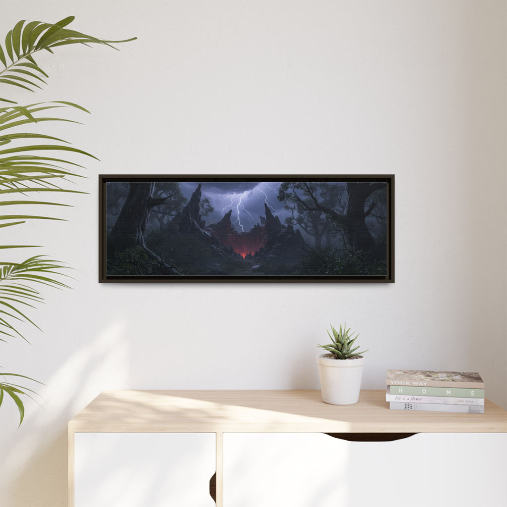 Dark Storm Forest Framed Canvas Print — Lightning, Haunted Castle Art