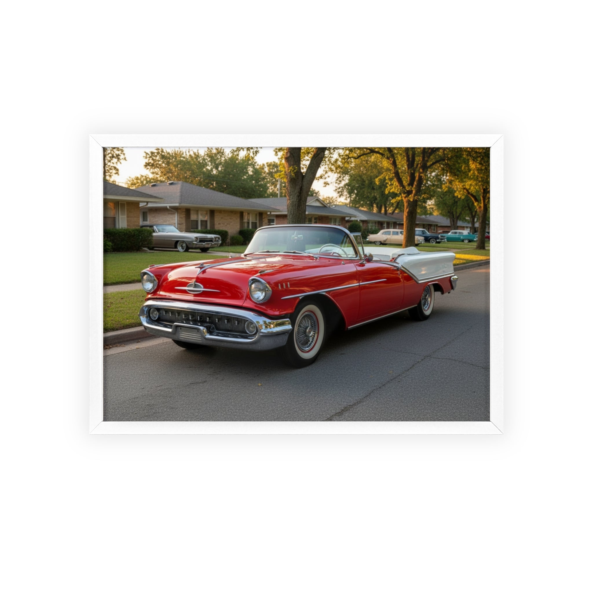 Vintage Red Convertible Poster with Wooden Frame — Classic Car Wall Art